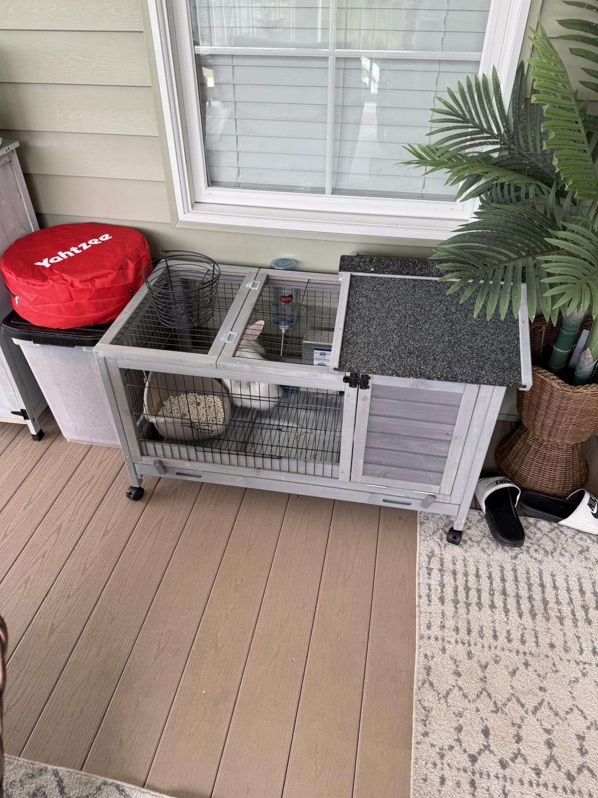 Wooden Rabbit Hutch Indoor and Outdoor, Rabbit Cage with Removable Wire Netting and Leak Proof Tray, Mobile Bunny Cage with Wheels (Grey) customer photo 2