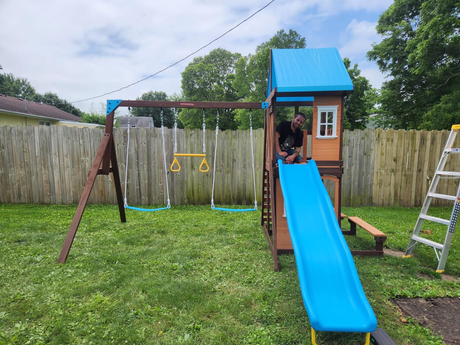 Sportspower 8-in-1 Lakeview Outdoor Cedar Wooden Swing Set: Belt Swings, Trapeze Play Fort with Play Kitchen, Bench & Rock Climber Ladder and Slide - Blue and Yellow customer photo 1