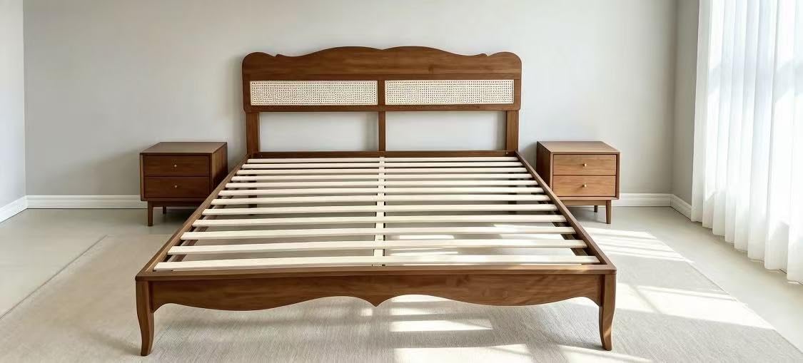 PHI VILLA Solid Wood King Size Bed Frame with Adjustable Headboard | Mid Century Boho Rattan Platform Bedframe for Bedroom, No Box Spring Needed, Brown customer photo 2