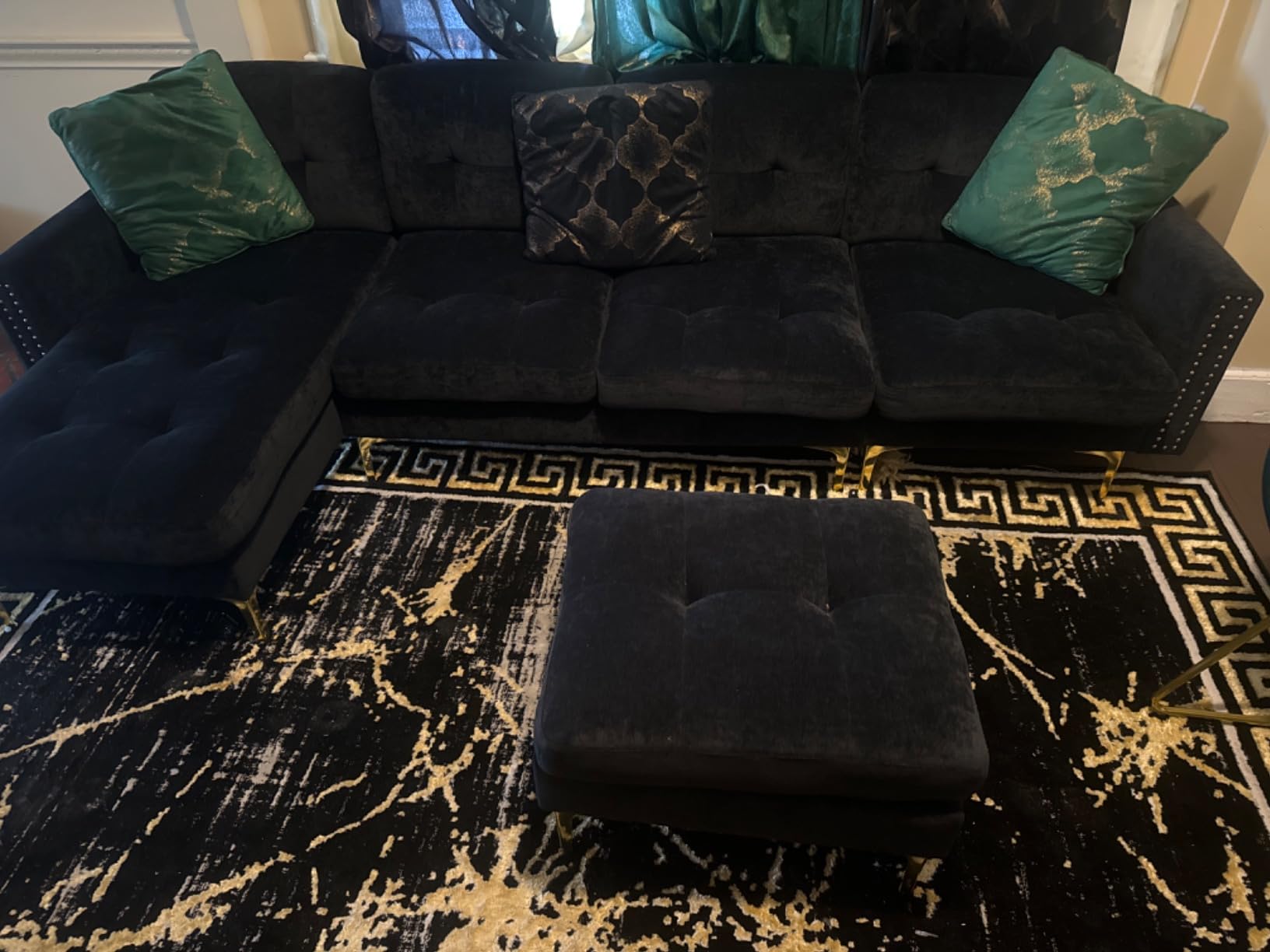 P PURLOVE Velvet Modern Large Sectional Sofa, U Shape Upholstered Couch with Chaise, Convertible Sofa Couch with Movable Ottoman (Blue) customer photo 1