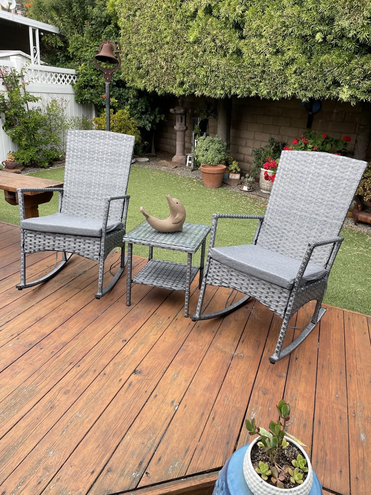Oasishine Outdoor Rocking Chair 3 Pieces High-Backed Rocking Chair Patio Rocking Chairs Outdoor Table, Khaki customer photo 2