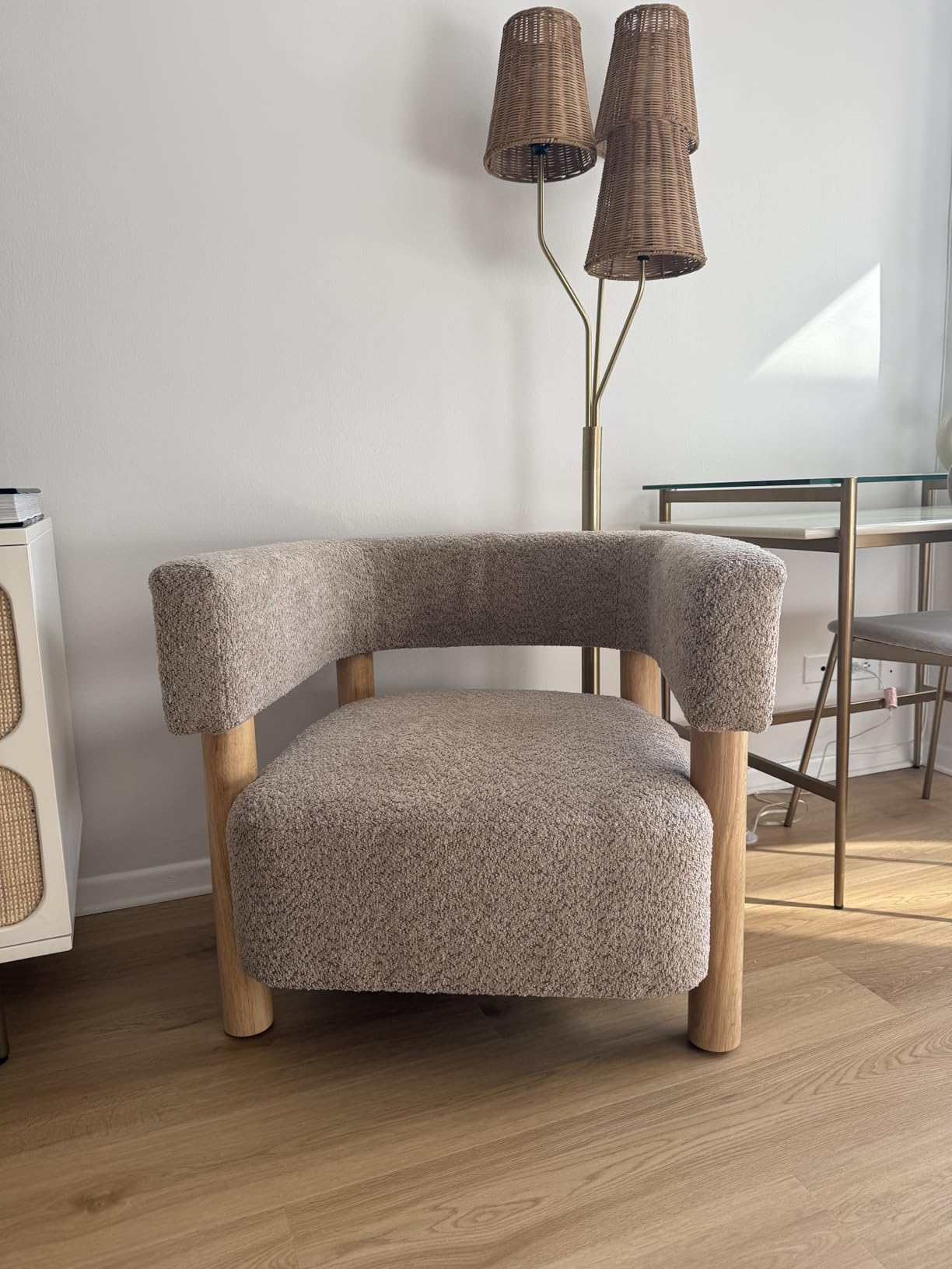 Christopher Knight Home Carly Low Profile Accent Chair, Round Backrest Side Chair, Living Room Armchair with Boucle Fabric Cushion, Comfy Reading Chair for Bedroom, Wooden Single Lounge Sofa, Light Camel customer photo 2