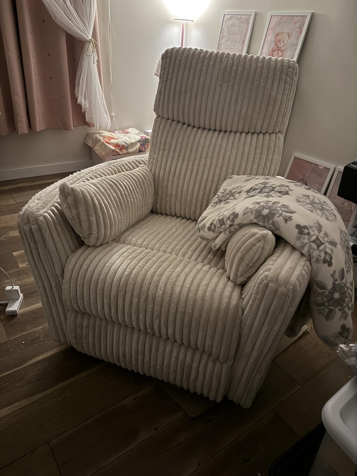 LINSY 360 Swivel Recliner Chair, Nursery Glider Rocking Chair with 2 Pillows, Corduroy Nursing Chair Comfy High Back Adult Rocker Recliner for Small Spaces, Nursery Bedroom Living Room (Beige) customer photo 1