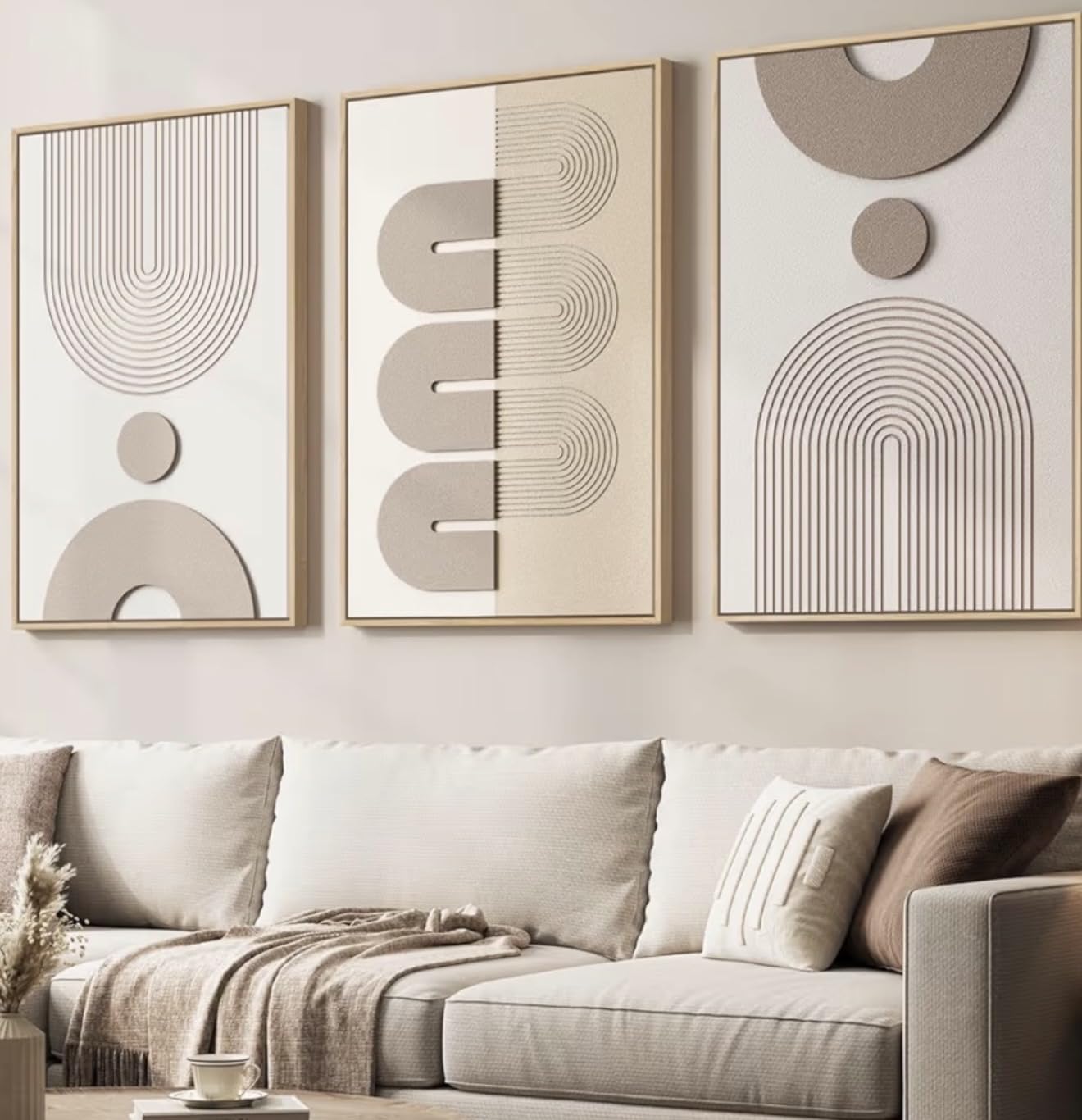 Large 3D Textured Framed Neutral Abstract Wall Art for Living Room, 3 Piece Modern Artwork for Walls, Minimalist White and Brown Geometric Wall Paintings for Hallway, Stair, Office Wall Decor 24x36 In customer photo 2