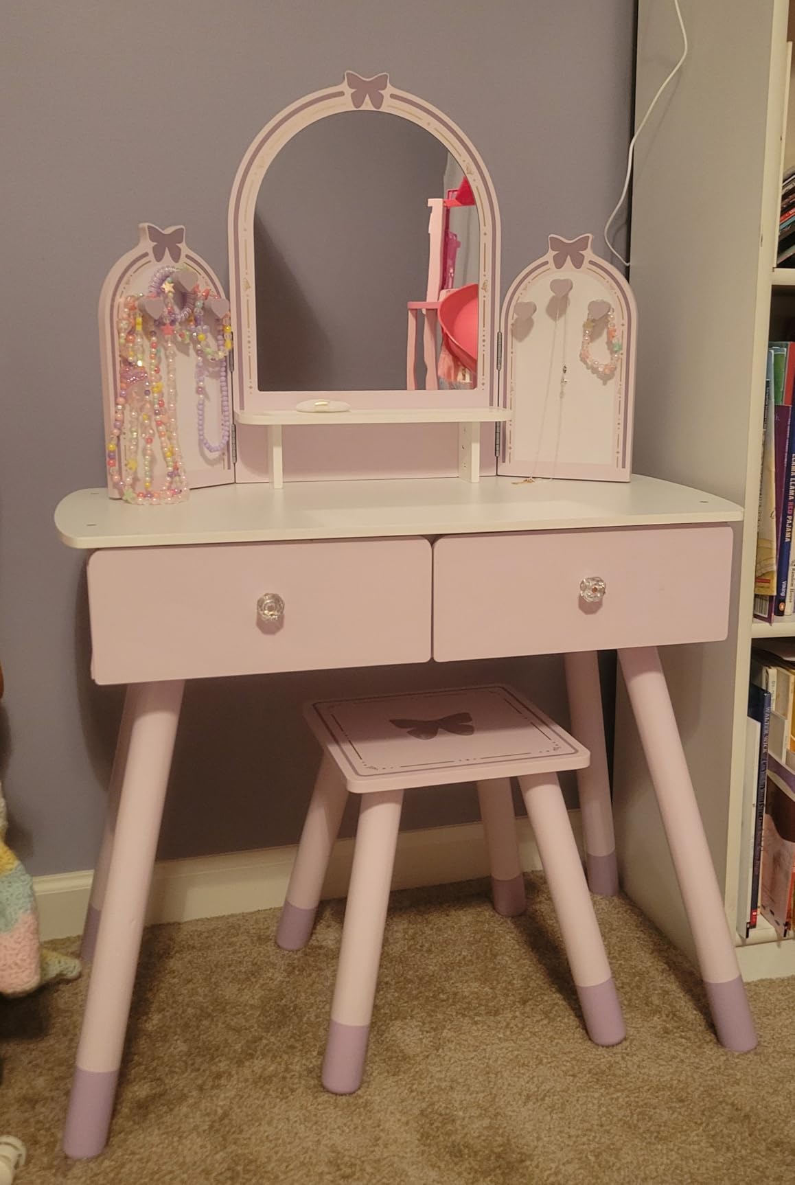 ROBOTIME Purple Kids Vanity Set with Mirror, Chair and Drawers for Girl | Butterfly vanity for pretend play, builds confidence through dress-up role-play, gift for ages 3+ customer photo 2