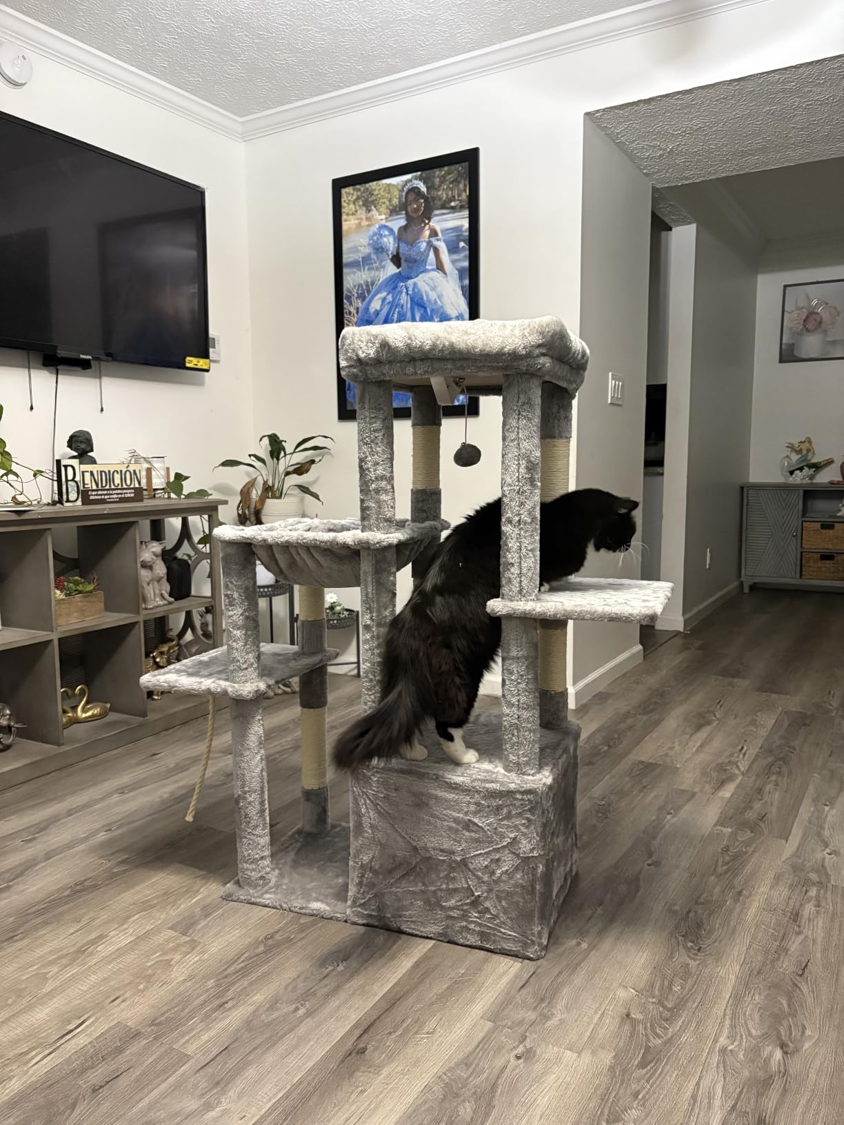 Heybly Heavy Duty Cat Tree, Tower for Indoor Cats Large Adult, Tall Cat Condo House with Extra-Large Baseboard, Multi-Level Plush Furniture with Scratching Posts, Hammock, Toy Balls, Light Gray HCT026W customer photo 2