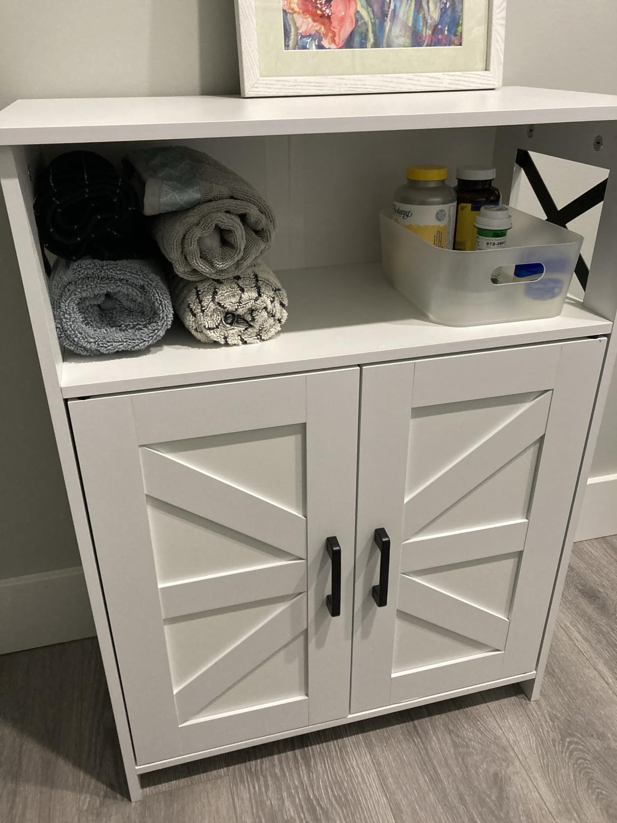 Homhedy Farmhouse Bathroom Storage Cabinet with 2 Doors, Toilet Paper Cabinet with Adjustable Shelf, Small Bathroom Cabinet for Kitchen/Laundry/Living Room, 11.8 x 23.6 x 31.5 Inches, White customer photo 1