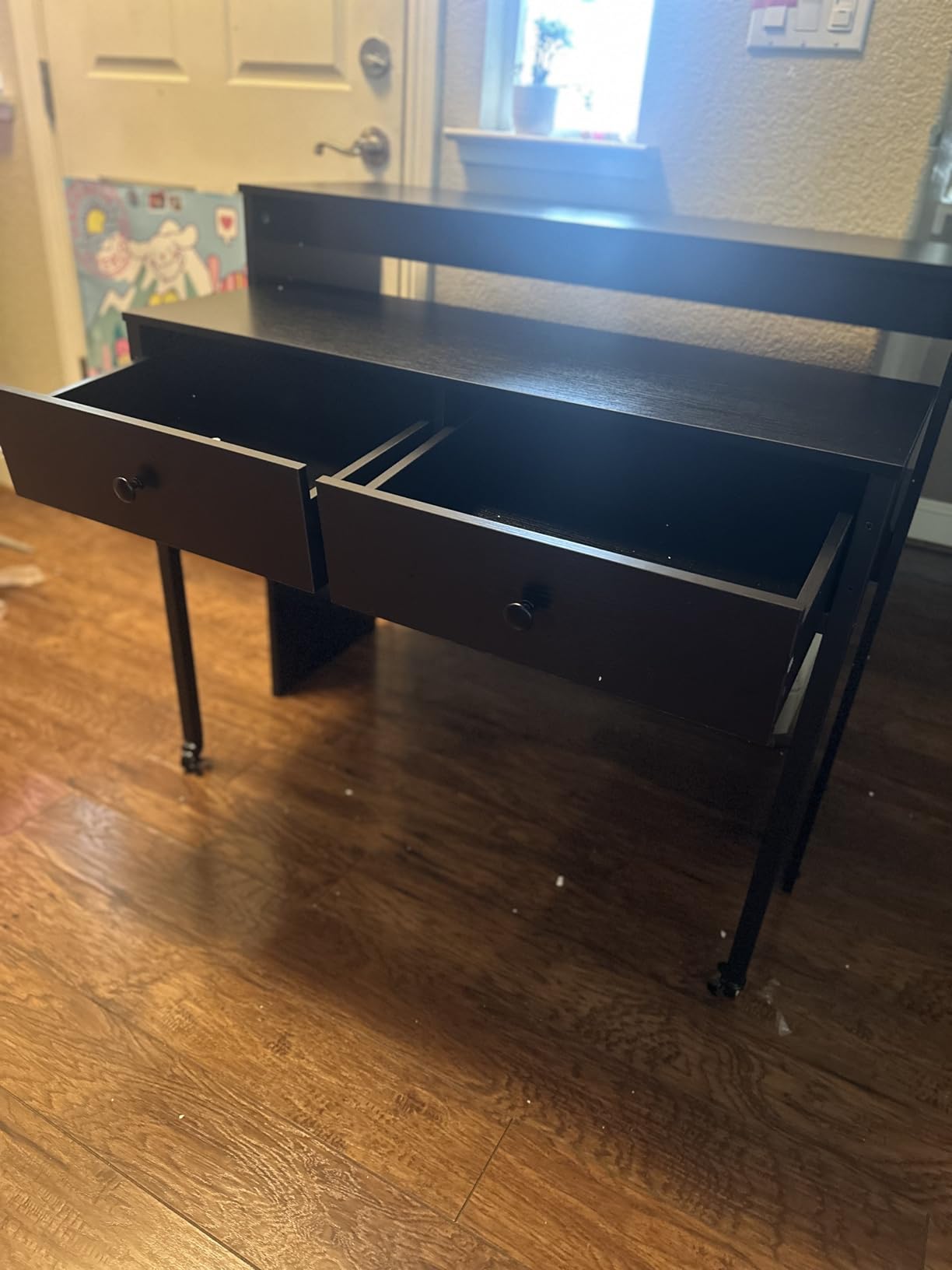 GIANTEX Small Computer Desk with Hutch & Drawers, Extendable Writing Desk w/Pull Out Secondary Table, Monitor Stand & Rolling Wheels, Console Table, Compact Desk for Small Spaces (Rustic Brown) customer photo 1