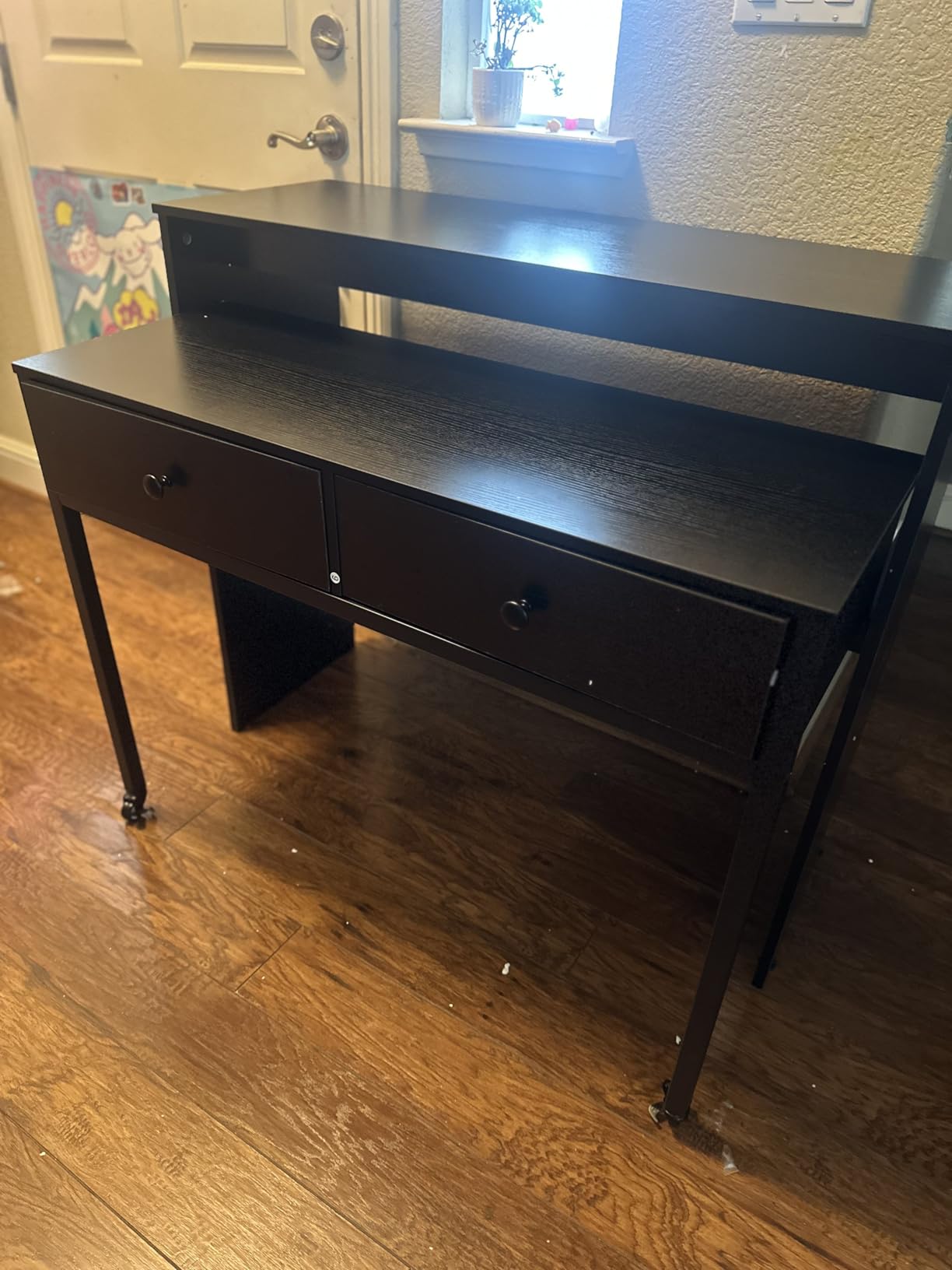 GIANTEX Small Computer Desk with Hutch & Drawers, Extendable Writing Desk w/Pull Out Secondary Table, Monitor Stand & Rolling Wheels, Console Table, Compact Desk for Small Spaces (Rustic Brown) customer photo 2