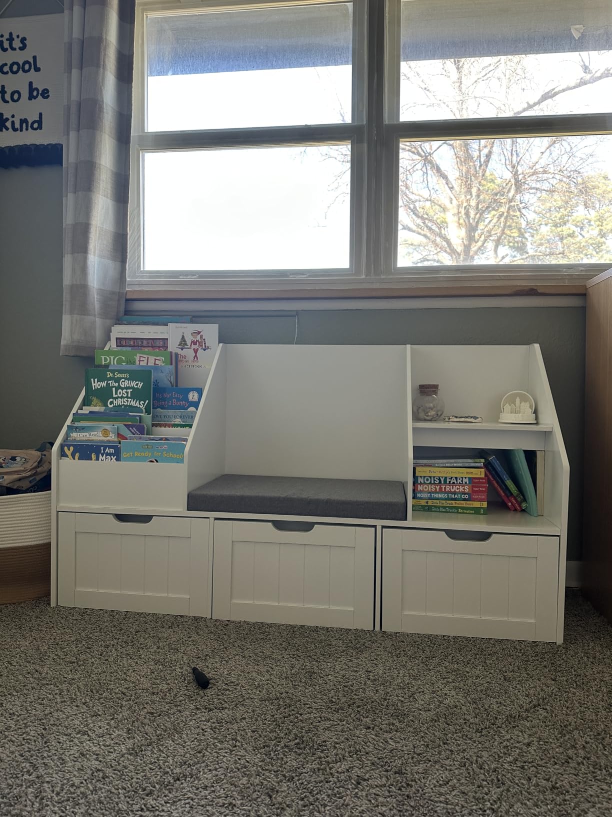 FOTOSOK Kids Bookshelf with Reading Nook, Toy Storage with Seat Cushion | 55.1'' Toy Storage Organizer with 3 Movable Drawers, Kids Reading Nook with Bench for Playroom, Bedroom, Green customer photo 1