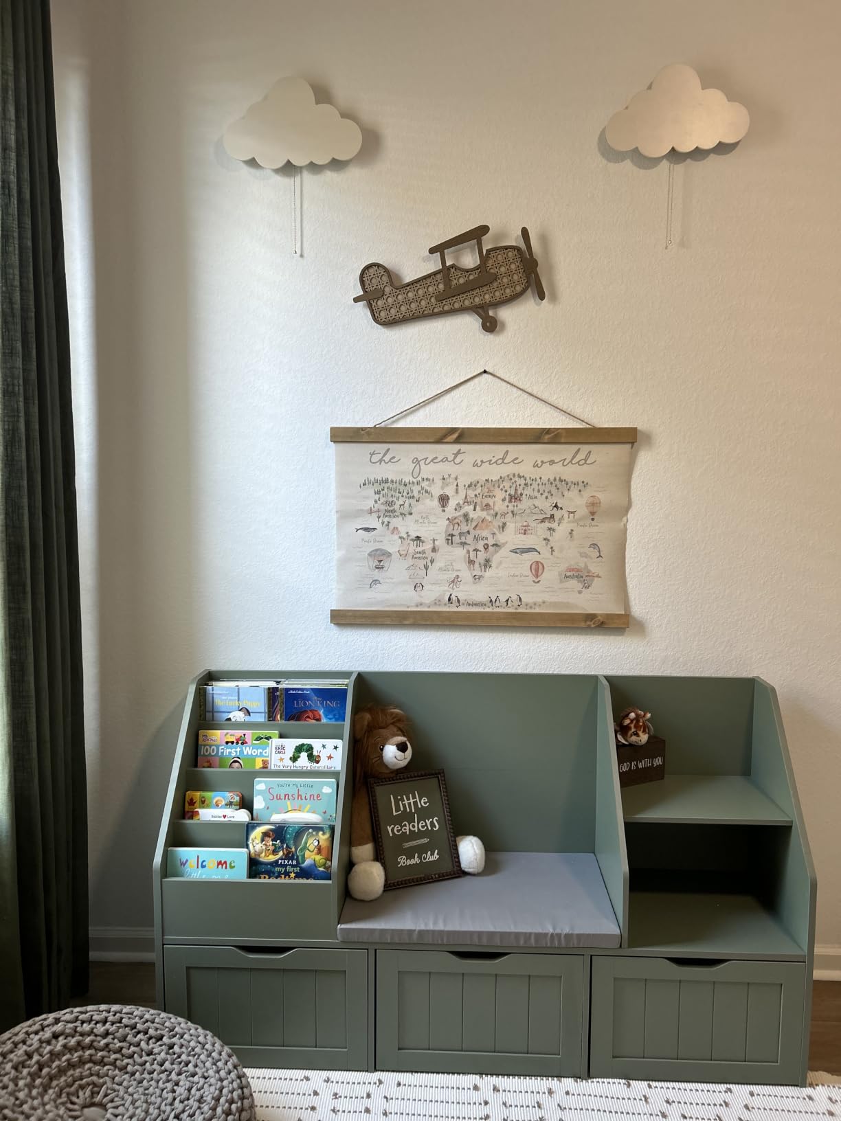 FOTOSOK Kids Bookshelf with Reading Nook, Toy Storage with Seat Cushion | 55.1'' Toy Storage Organizer with 3 Movable Drawers, Kids Reading Nook with Bench for Playroom, Bedroom, Green customer photo 2