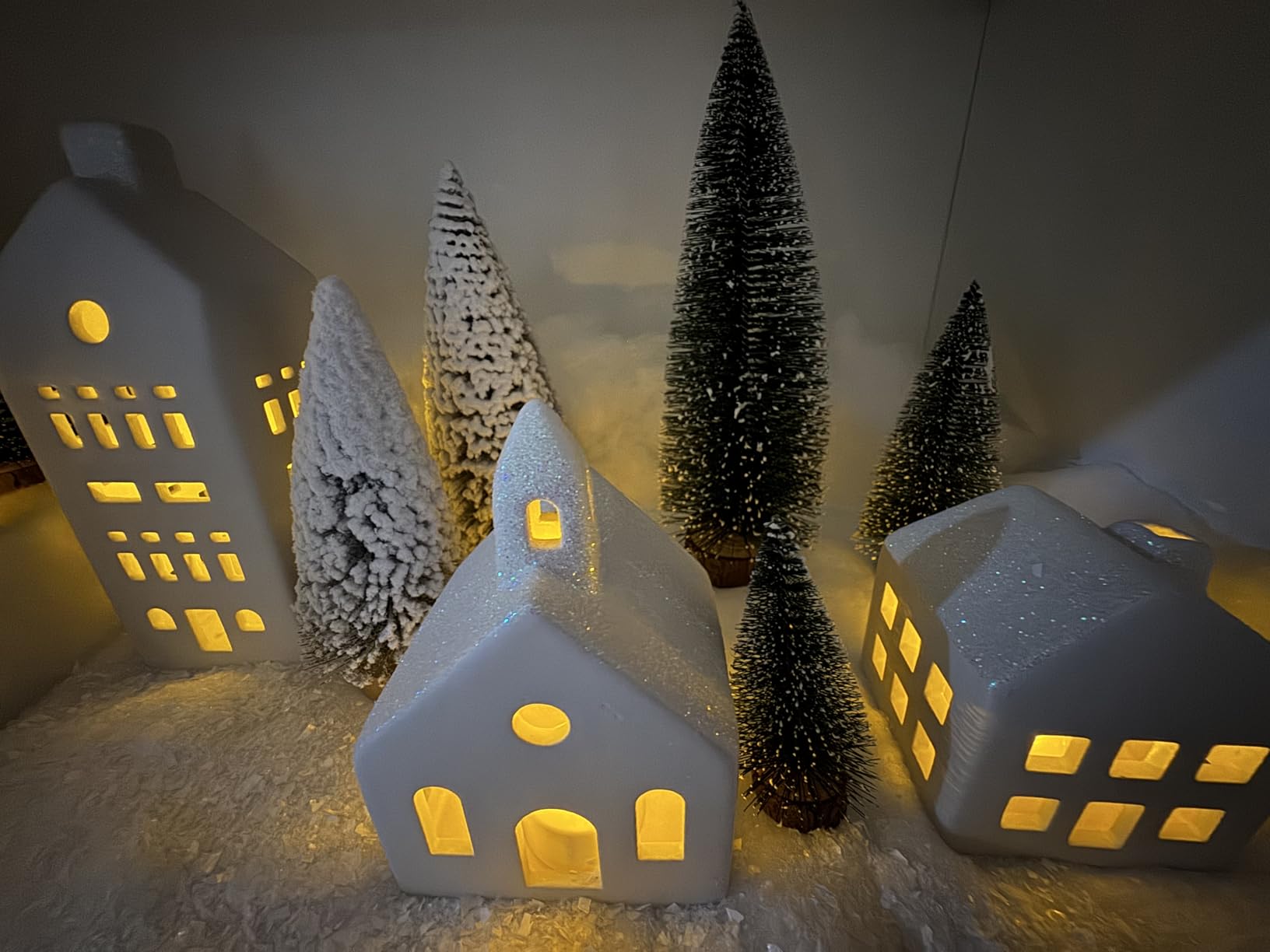 Christmas Decorations Indoor, 5 Lighted Ceramic Christmas Village Houses | Remote Control Warm LED Glow 9 Decorative Trees, Rustic Farmhouse Home Decor for Mantel Tabletop Shelf Bedroom Living Room customer photo 2