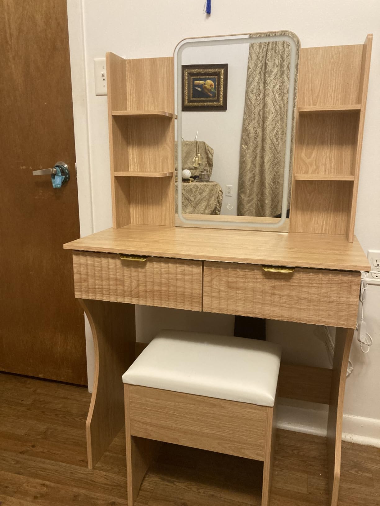 Vanity Desk with LED Lights Mirror & Power Outlet, Small Makeup Vanity Table Set with Storage Drawers & Chair, 3 Lighting Modes & Adjustable Brightness, Dressing Table for Women Girls Bedroom, Oak customer photo 2