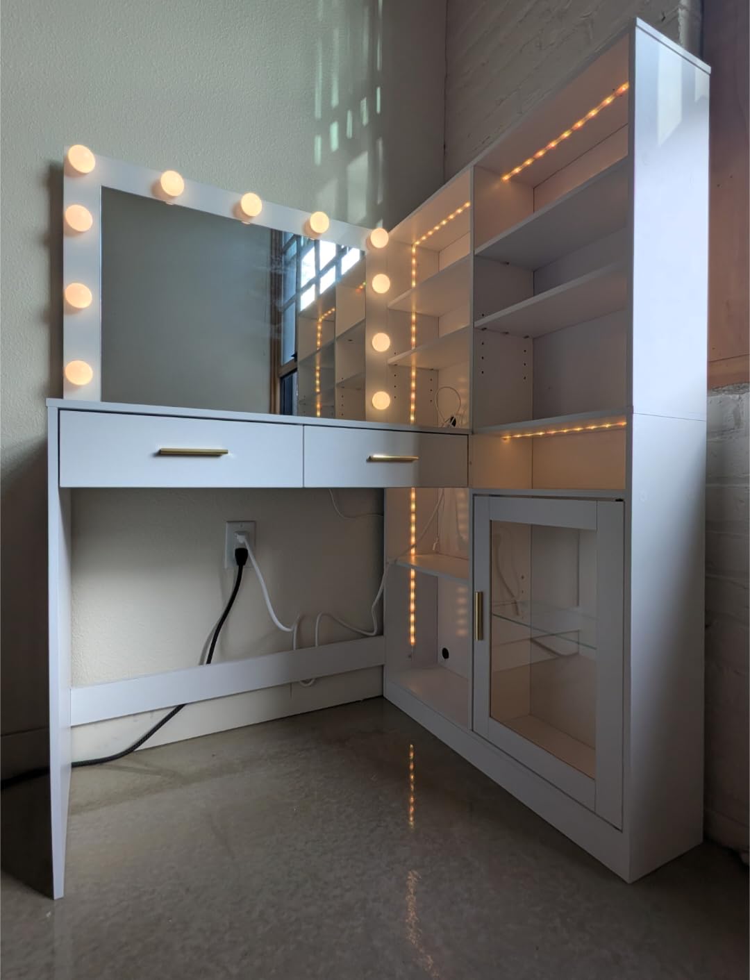 White L-Shaped Corner Vanity Desk with LED Lighted Mirror & Storage Shelves | Makeup Vanity with Charging Station & Sliding RGB Cabinet, Large Farmhouse Dressing Table with 6 Drawers for Women customer photo 2