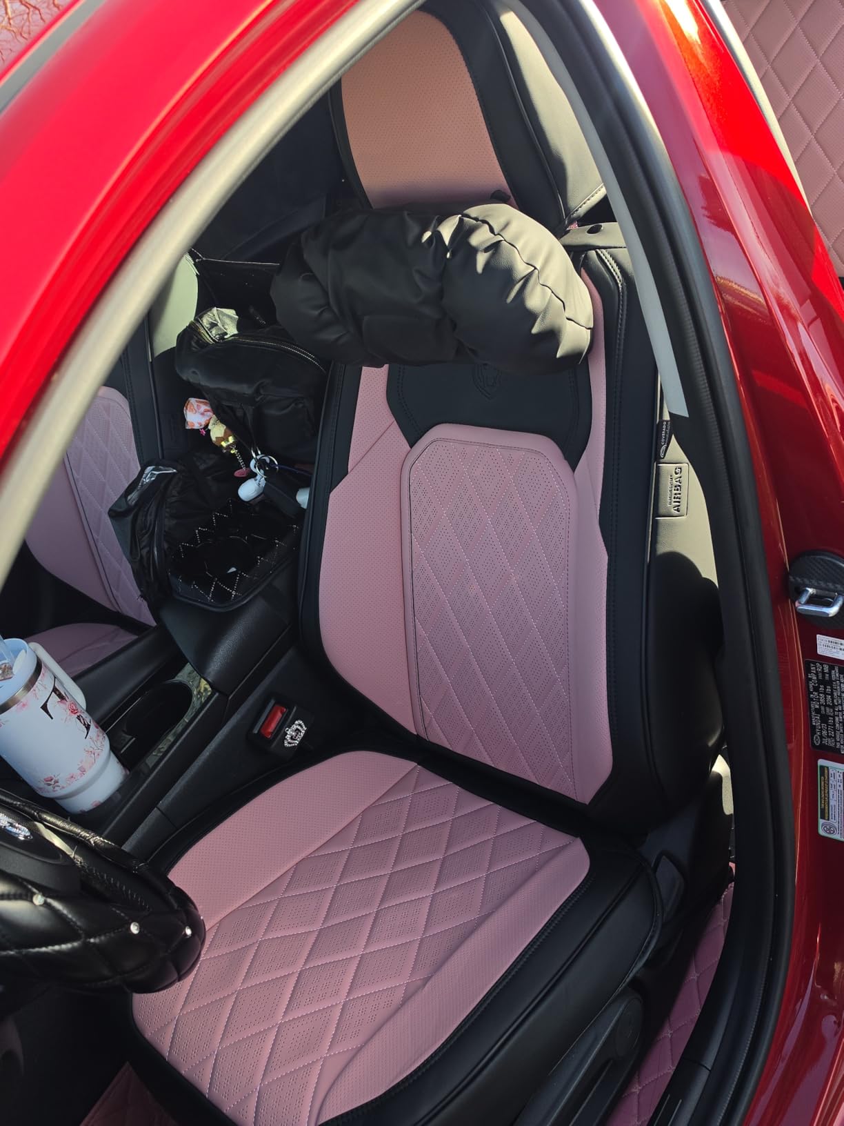 Coverado Leather Seat Covers, Car Seat Covers Full Set, Waterproof Faux Leather Pink & Black Seat Covers, Car Seat Protectors 5 Seats, Automotive Seat Covers Universal Fit for Most Cars SUV Trucks customer photo 2