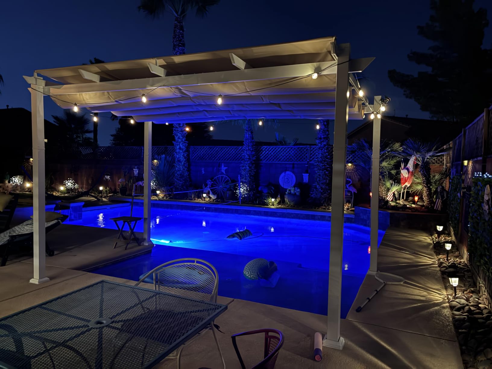 PURPLE LEAF Outdoor White Pergola 10' x 13' w/Double Canopy, Navy Blue | Extra roof shields canopy, aluminum frame stays strong, 230GSM fabric blocks harsh sun, retractable canopy controls shade customer photo 1
