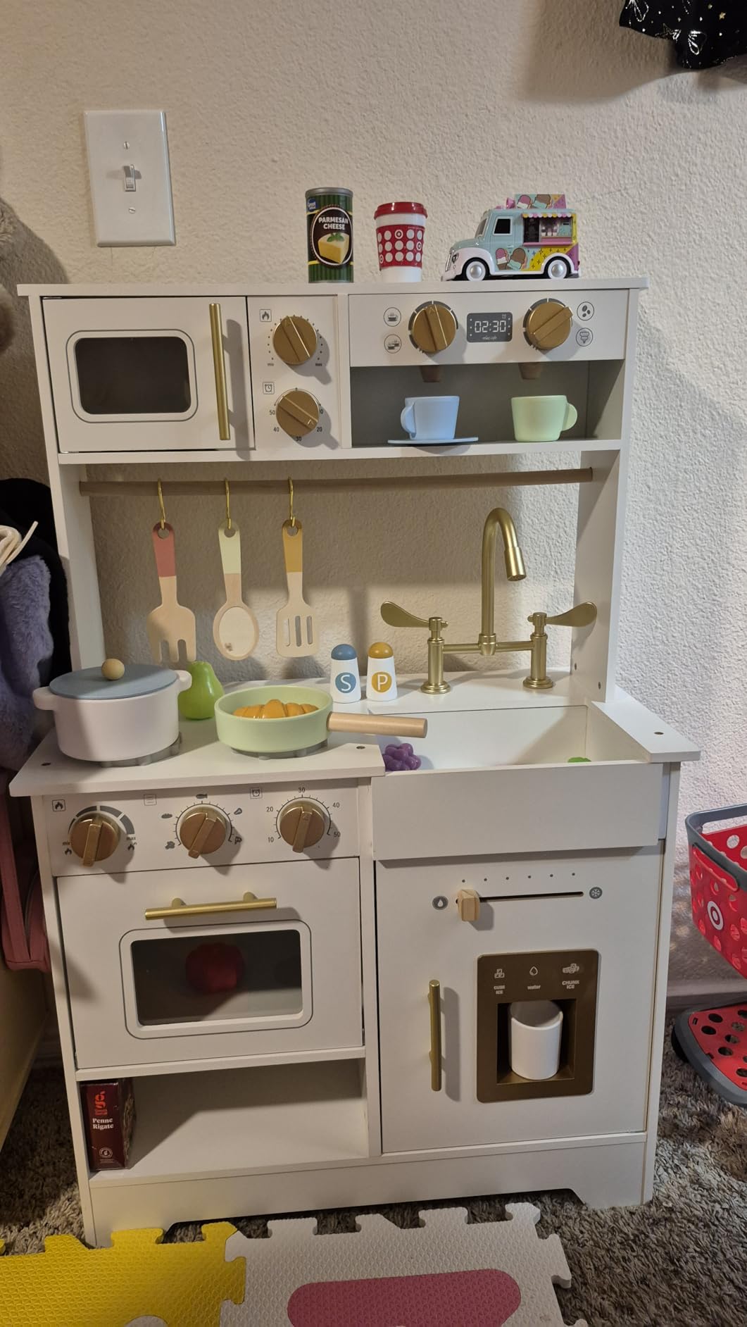 White Wooden Play Kitchen for Kids with Ice Maker, Sink, Stove and Storage | Small Pretend Cooking Set with Oven, Microwave, Utensils and Storage for Montessori Role Play, Ages 3+ customer photo 1