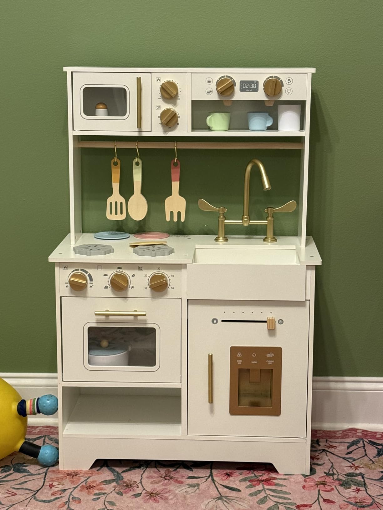 White Wooden Play Kitchen for Kids with Ice Maker, Sink, Stove and Storage | Small Pretend Cooking Set with Oven, Microwave, Utensils and Storage for Montessori Role Play, Ages 3+ customer photo 2