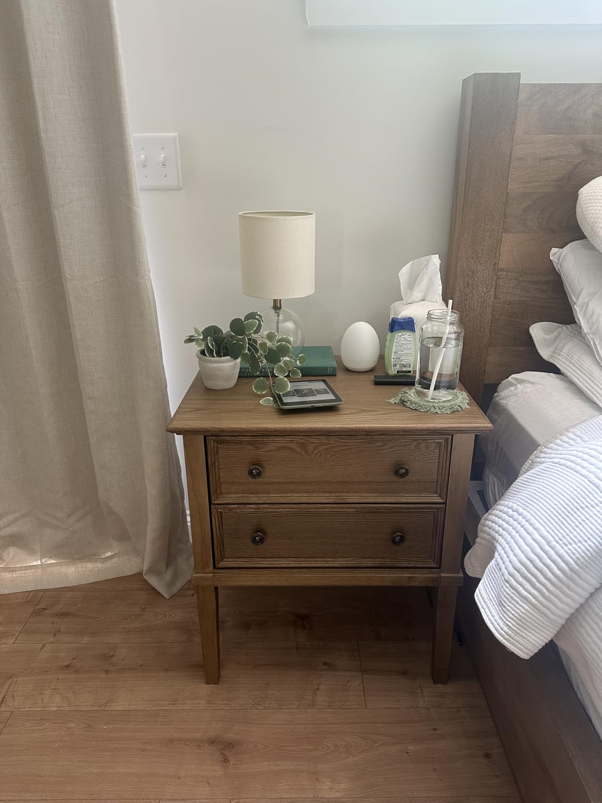 IKENO Solid Wood Nightstand with Charging Station, Wooden End Table with 2 Solid Wood Drawers, Farmhouse Style Side Table for Bedroom customer photo 2