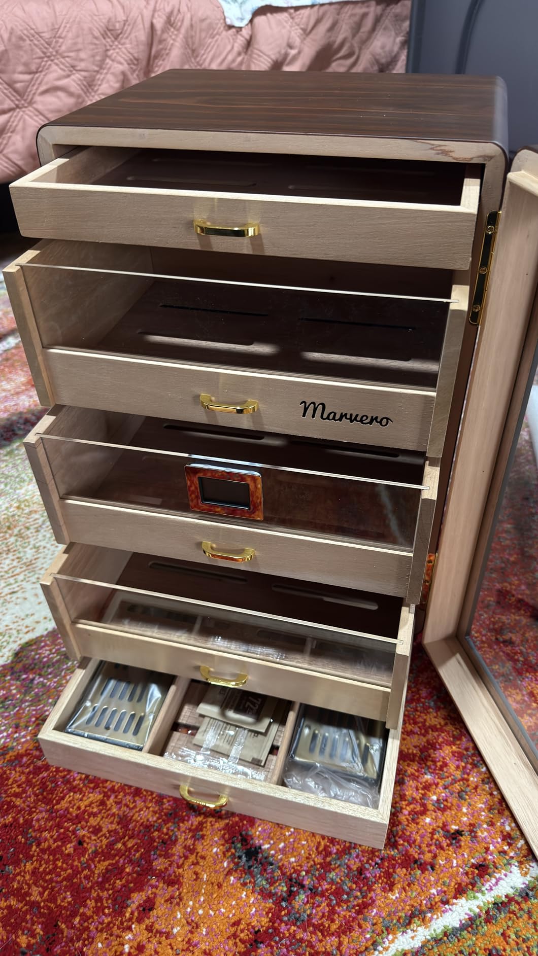 500-Count Cigar Humidor Cabinet with Digital Hygrometer, Gift Set | Ebony finish, 5 cedar drawers, triple-sided light, digital hygrometer, humidifier and humidity packs for up to 500 cigars customer photo 2