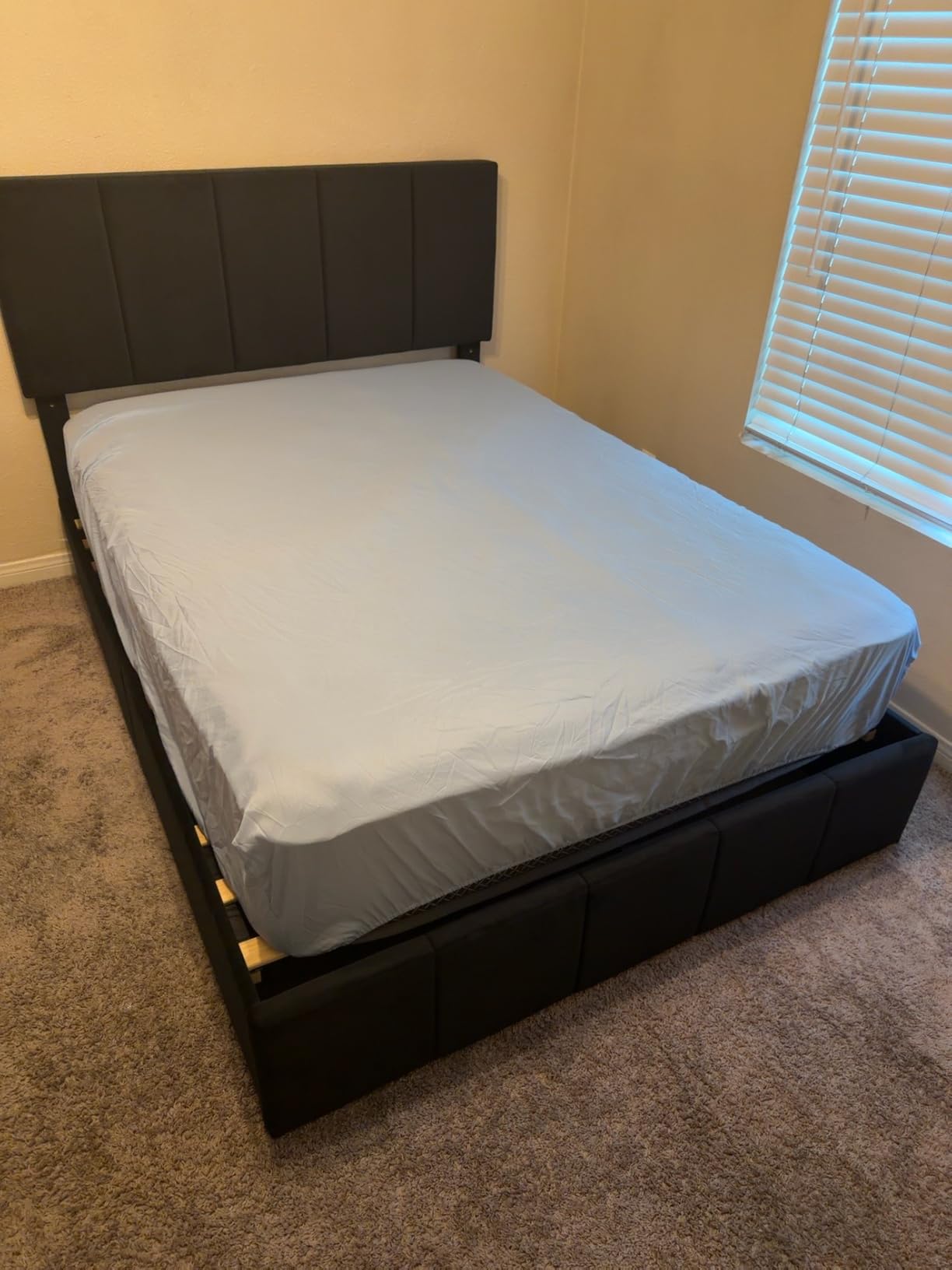 Allewie King Size Dutch Velvet Upholstered Platform Bed Frame, Vertical Channel Tufted Adjustable Headboard, Low Profile Bed Frame, No Box Spring Needed, Easy Assembly, Black customer photo 1