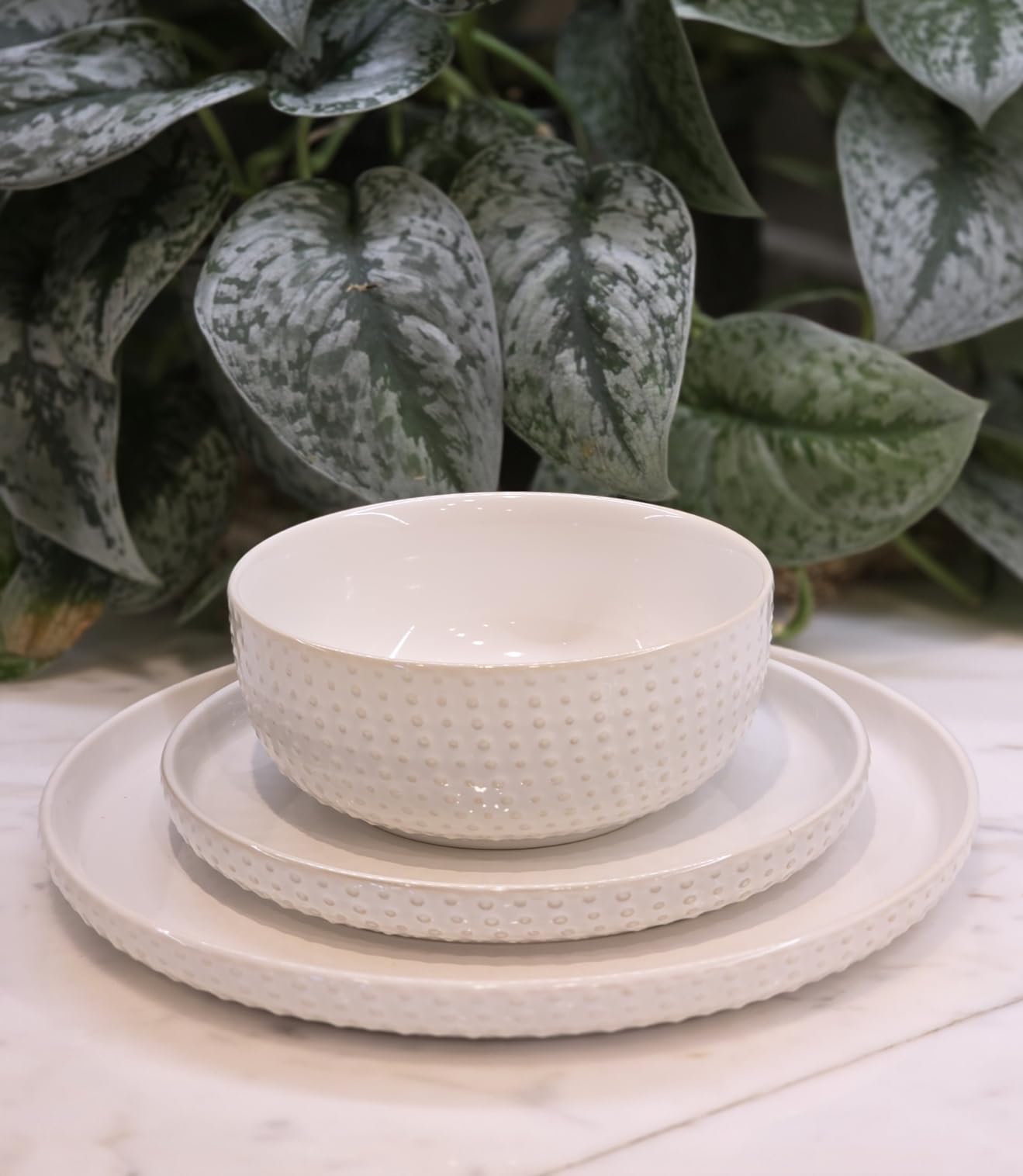 24 Piece Dinnerware Sets for 8 - Farmhouse Style Stoneware Plates and Bowls Sets - Scratch Resistant & Dishwasher Safe, Embossed Boho Ceramic Dish Set, Stack Compactly Dishware - Vintage White customer photo 1