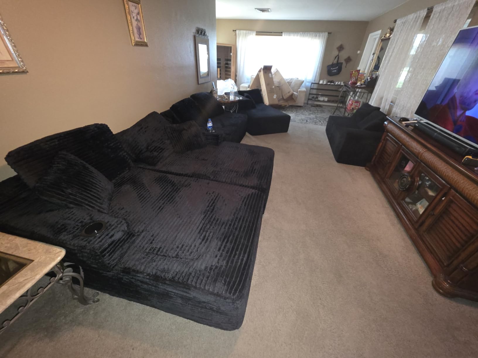 134 Inch Modular Sectional Sleeper Sofa, Boneless Cloud Couch for Living Room, U Shaped 5 Seat Sofa with 2 Storage Pockets & 2 Cup Holders customer photo 1