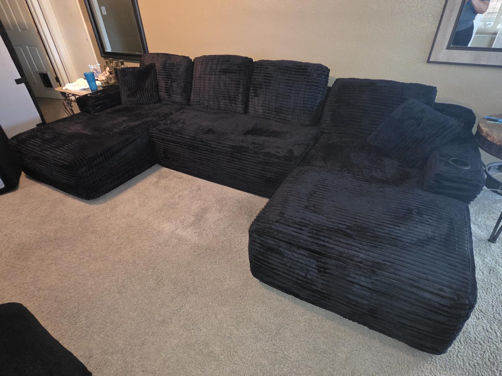 134 Inch Modular Sectional Sleeper Sofa, Boneless Cloud Couch for Living Room, U Shaped 5 Seat Sofa with 2 Storage Pockets & 2 Cup Holders customer photo 2