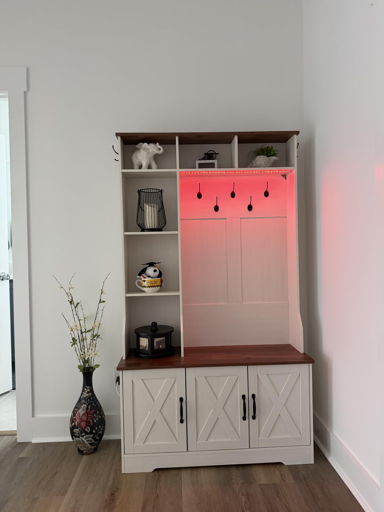 CSZZD Hall Tree with Bench & Entryway Coat Rack with Shoe Storage, Farmhouse Entryway Bench with Led Lights, 7 Coat Hooks, 6 Storage Cubbies, Adjustable Shelf, Spacious Shoe Storage Bench customer photo 1