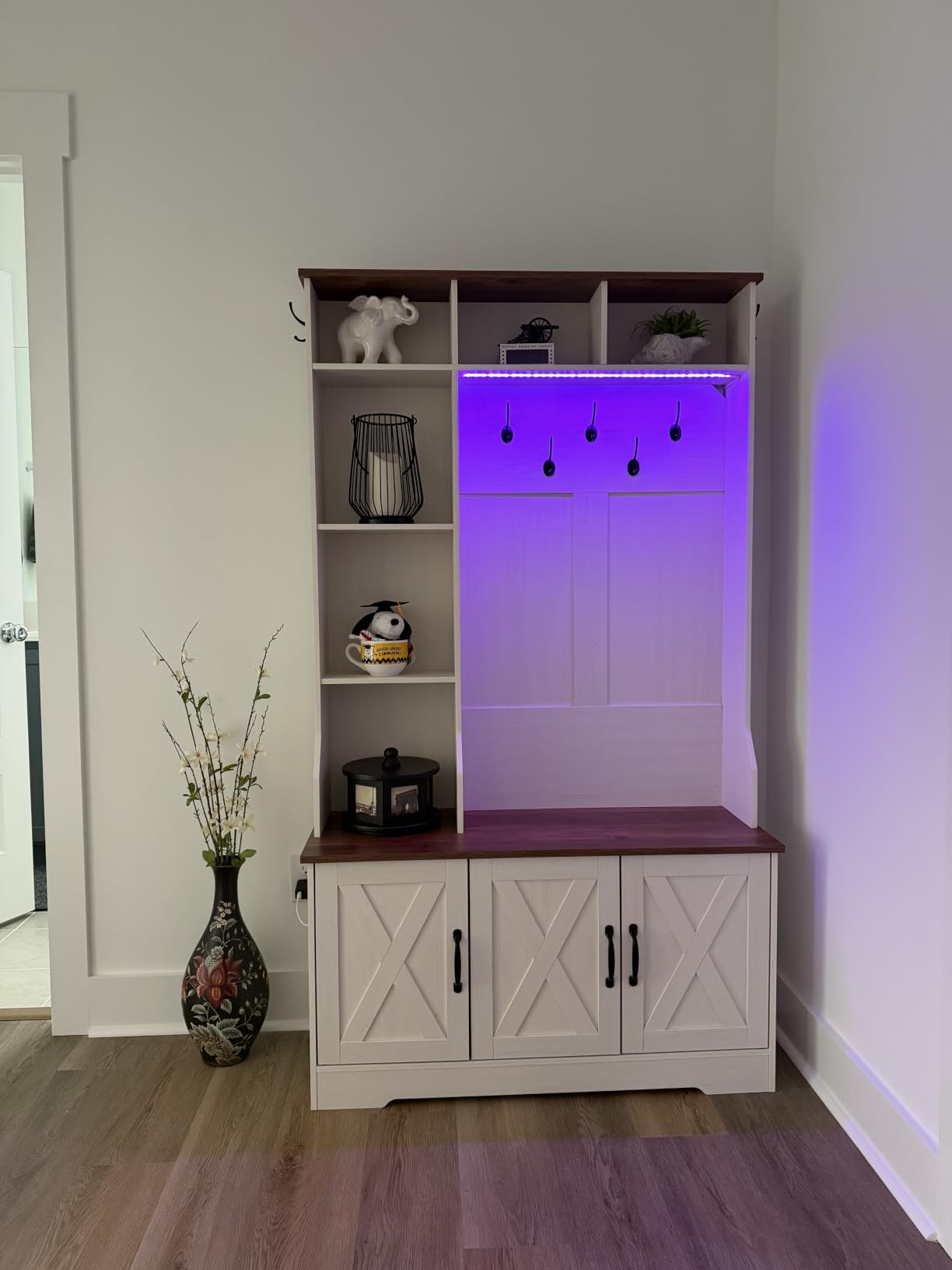CSZZD Hall Tree with Bench & Entryway Coat Rack with Shoe Storage, Farmhouse Entryway Bench with Led Lights, 7 Coat Hooks, 6 Storage Cubbies, Adjustable Shelf, Spacious Shoe Storage Bench customer photo 2