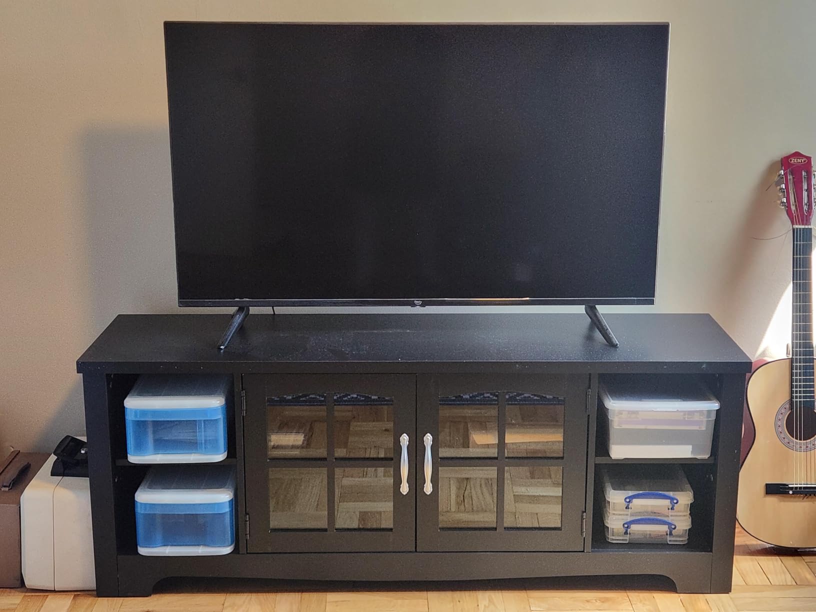 LINSY HOME TV Stand for 75 Inch TV, Modern Farmhouse Entertainment Center with Storage Cabinets and Glass Doors, Tall Media Console Table for Living Room, Bedroom, Large Long Television Stand, Black customer photo 2
