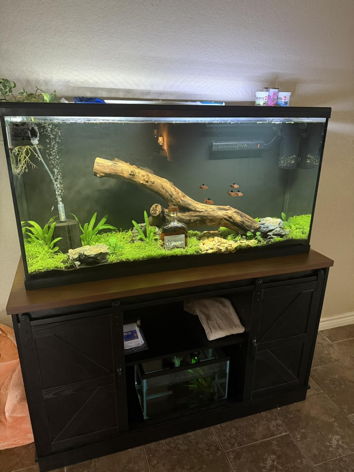 Hlivelood Farmhouse 75-120 Gallon Fish Tank Stand with Power Outlet, Aquarium Stand w/Cabinet & Sliding Barn Door, Heavy Duty Reptile Tank Stand for Fish/Turtle/Reptile Terrarium, 1000LB Capacity, White customer photo 1