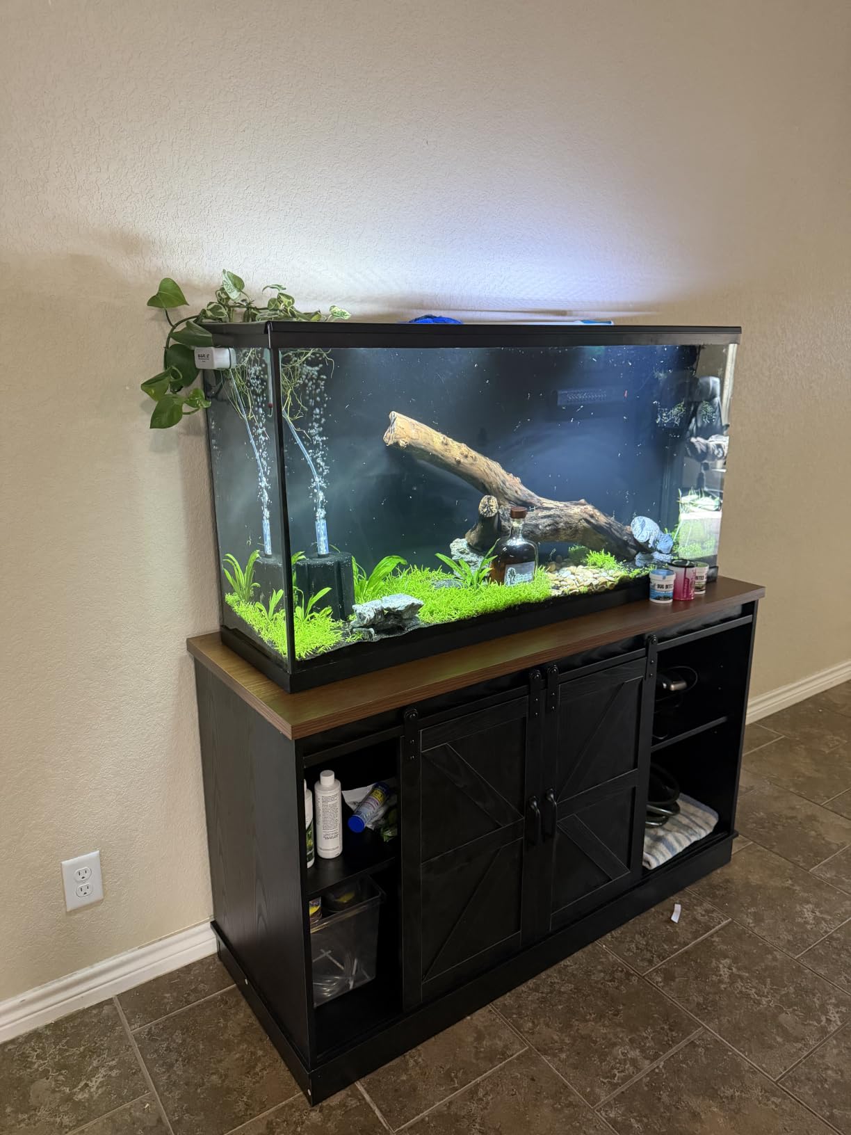 Hlivelood Farmhouse 75-120 Gallon Fish Tank Stand with Power Outlet, Aquarium Stand w/Cabinet & Sliding Barn Door, Heavy Duty Reptile Tank Stand for Fish/Turtle/Reptile Terrarium, 1000LB Capacity, White customer photo 2
