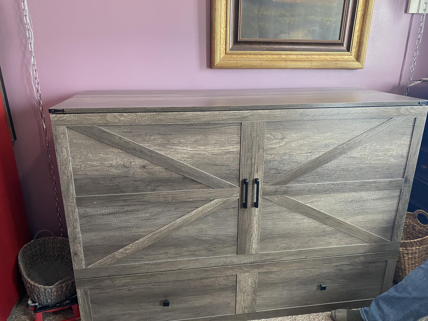 AMERLIFE Full Murphy Bed with Storage & Charging Station | Barnwood Wood Murphy Cabinet, Farmhouse Foldable Platform Bed, Large Drawer, Noisy Free, Guest Bedroom & Living Room customer photo 1