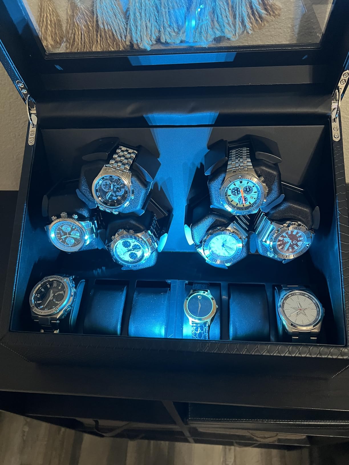Mcbazel Watch Winder for Automatic Watches, 6 Watch Winder + 6 Storage Case, Watches Winder Box with Super Quiet Motor, Blue LED Light, Memory Foam Pillows, Gift for Men & Women - Black customer photo 2