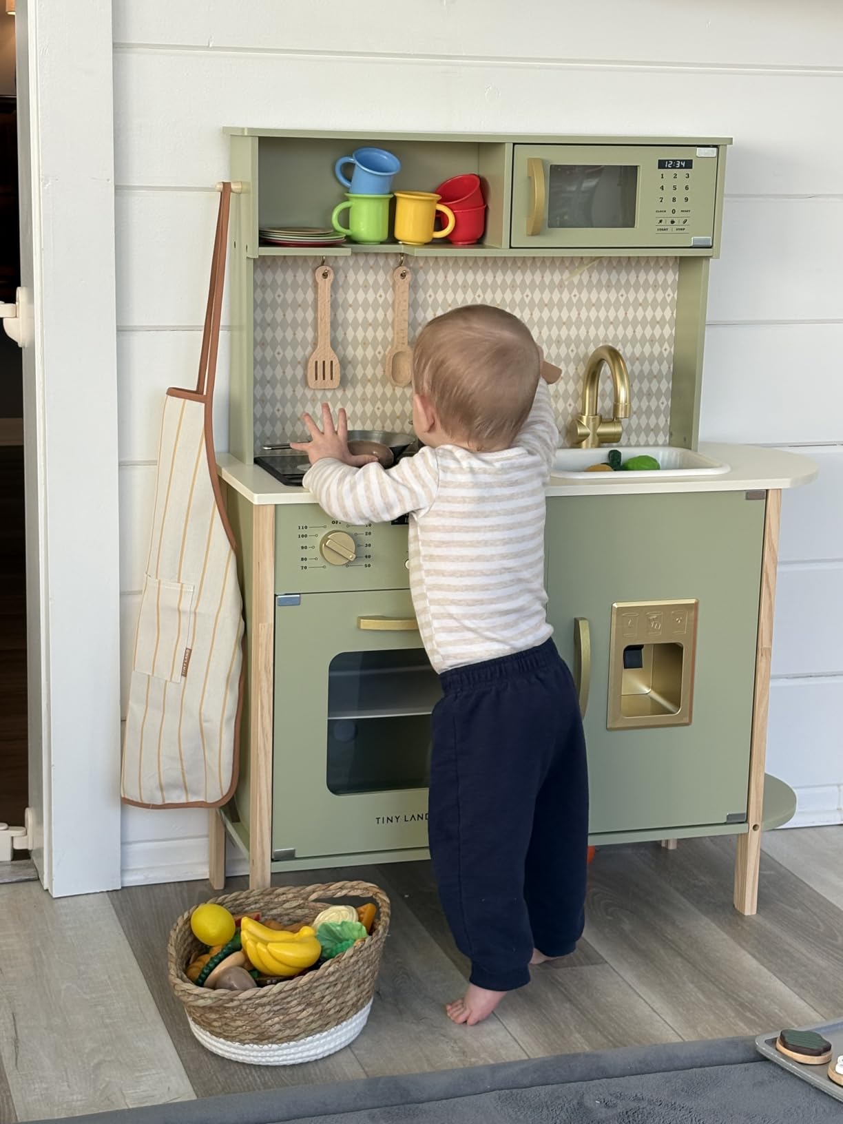Tiny Land Play Kitchen for Kids - Real Lights, Sounds & Adjustable Height, Farmhouse-Style Wooden Chef Pretend Play Set, 18 Pcs Toy Food & Cookware Accessories, Gift for Boys Girls Ages 3+, Sage Green customer photo 1