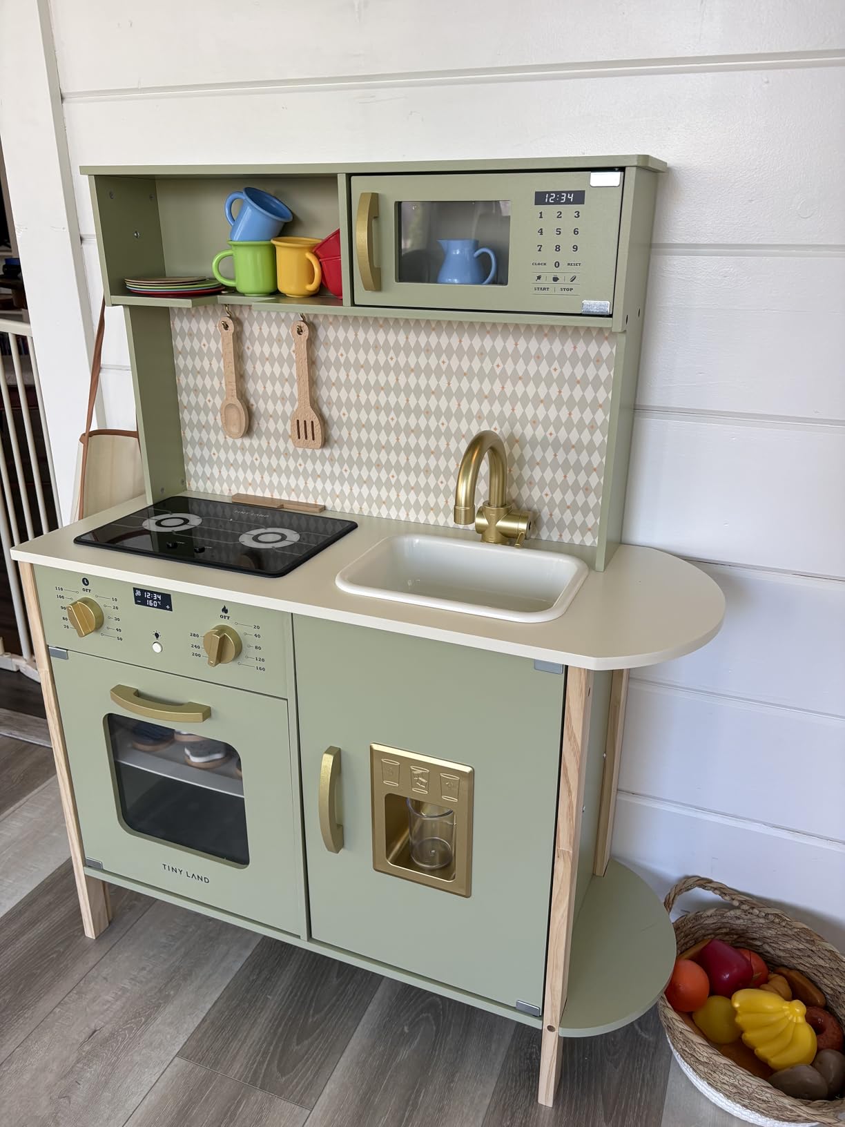 Tiny Land Play Kitchen for Kids - Real Lights, Sounds & Adjustable Height, Farmhouse-Style Wooden Chef Pretend Play Set, 18 Pcs Toy Food & Cookware Accessories, Gift for Boys Girls Ages 3+, Sage Green customer photo 2