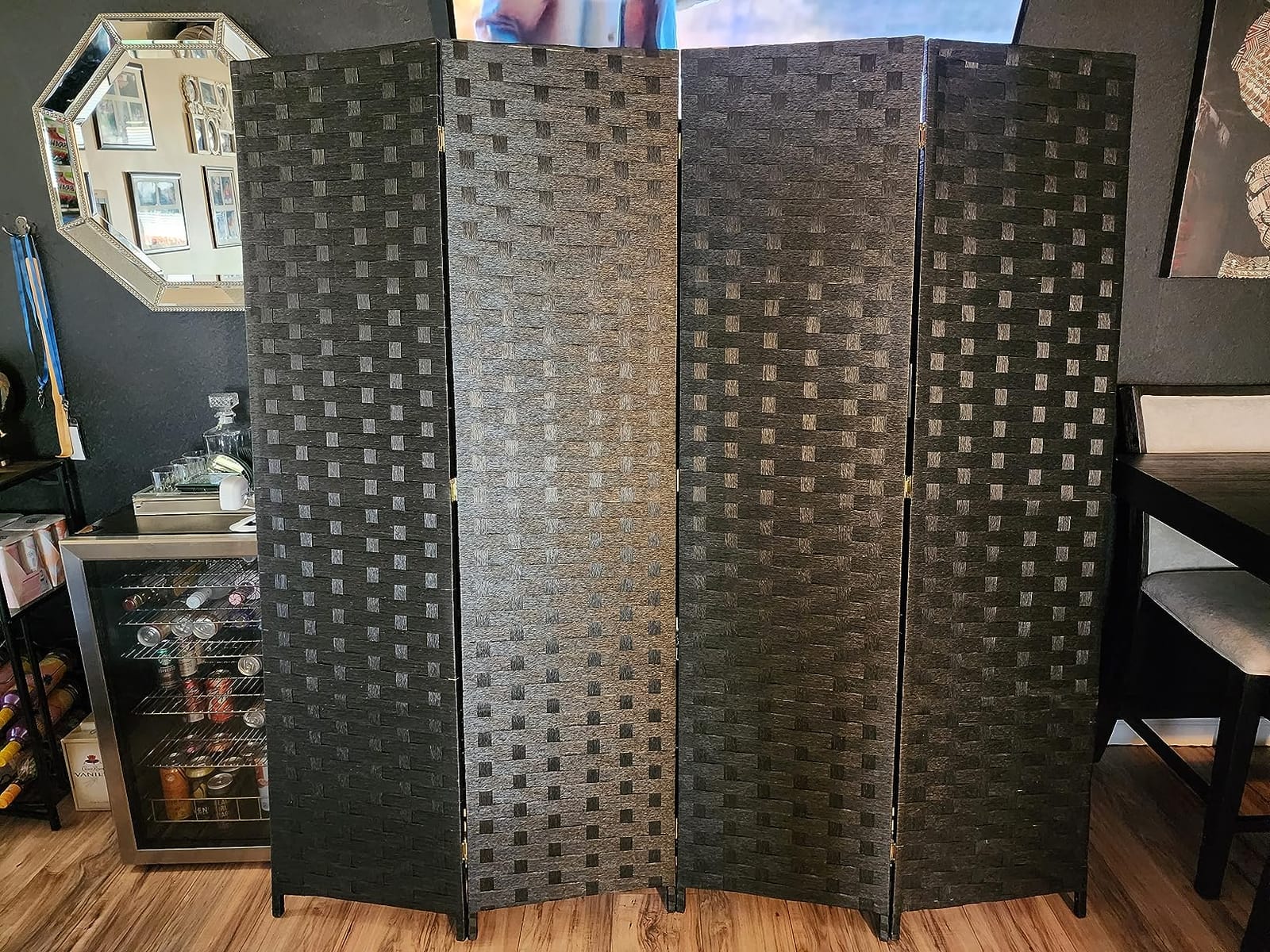 FDW Room Divider Wood Screen 4 Panel Folding Portable Partition Screens Wooden Mesh Woven Design Room Screen Divider for Home Office (Coal Black) customer photo 2