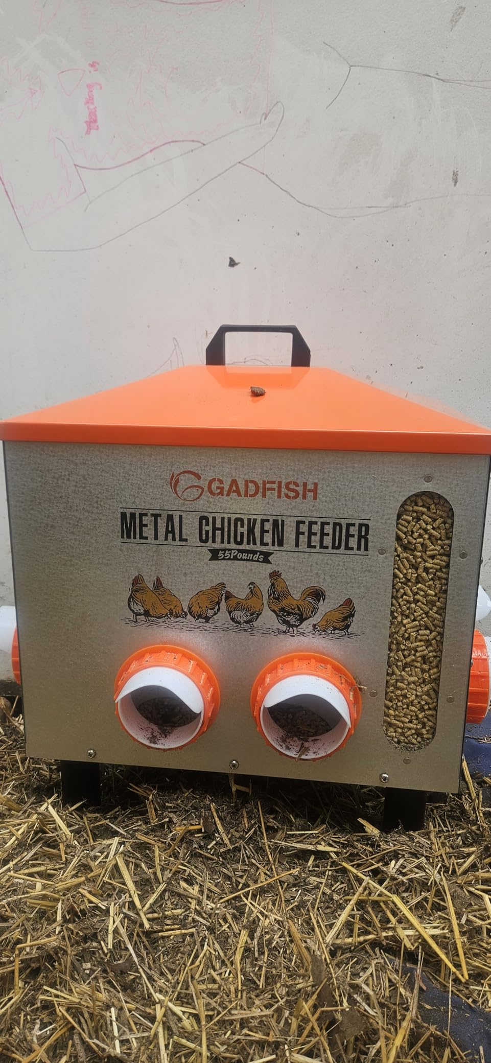 GADFISH 55LBS Large Capacity Automatic Chicken Feeder - Upgraded Window Design Allows Viewing of Feed Conditions, 8 Feeding Ports, Anti-Waste Design, Height-Adjustable Legs & Secure customer photo 1