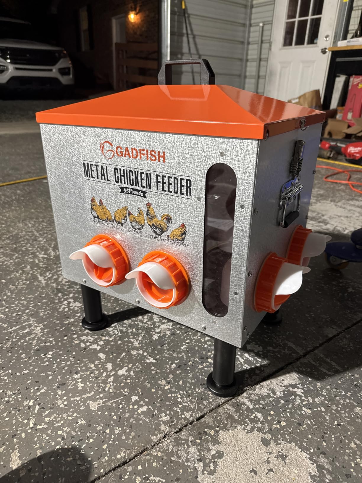 GADFISH 55LBS Large Capacity Automatic Chicken Feeder - Upgraded Window Design Allows Viewing of Feed Conditions, 8 Feeding Ports, Anti-Waste Design, Height-Adjustable Legs & Secure customer photo 2