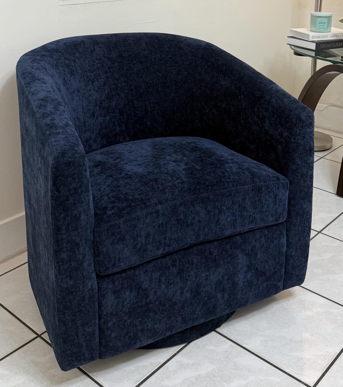 Zihanhome Chenille Swivel Accent Chair, Living Room Chairs, No Assembly Upholstered Armchair, 360-Degree Rotating Barrel Chair for Bedroom, Apartment & Reading Nook, Dark Blue customer photo 1