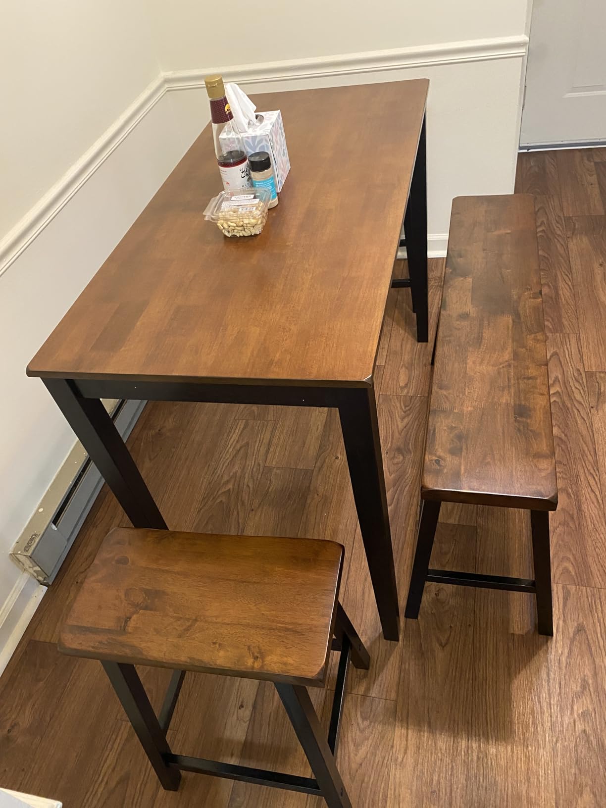 PHI VILLA Dining Table Set for 4, Kitchen Table Set with Bench and Chairs, Solid Wood Counter Height Bar Table and Chairs, Small Breakfast Table Set, Walnut with Black customer photo 1