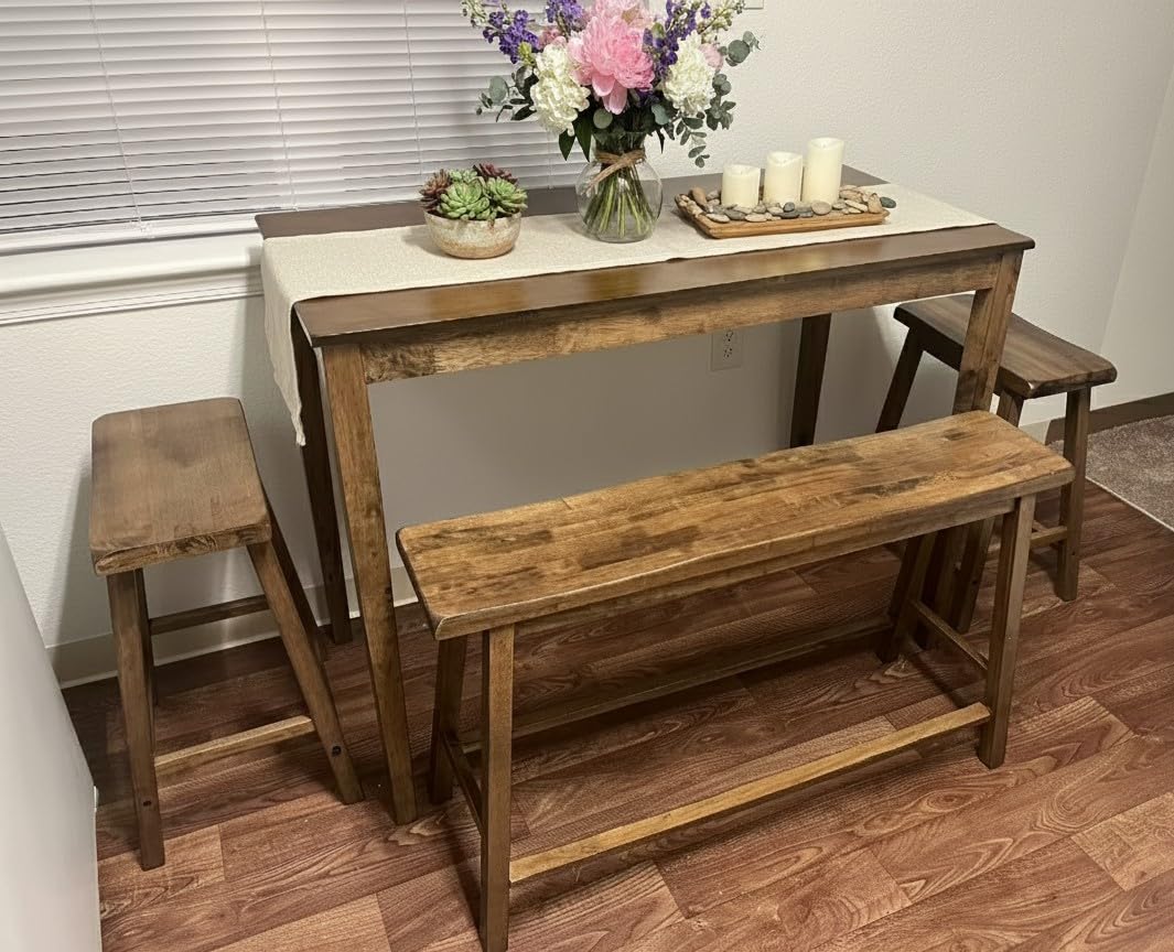 PHI VILLA Dining Table Set for 4, Kitchen Table Set with Bench and Chairs, Solid Wood Counter Height Bar Table and Chairs, Small Breakfast Table Set, Walnut with Black customer photo 2