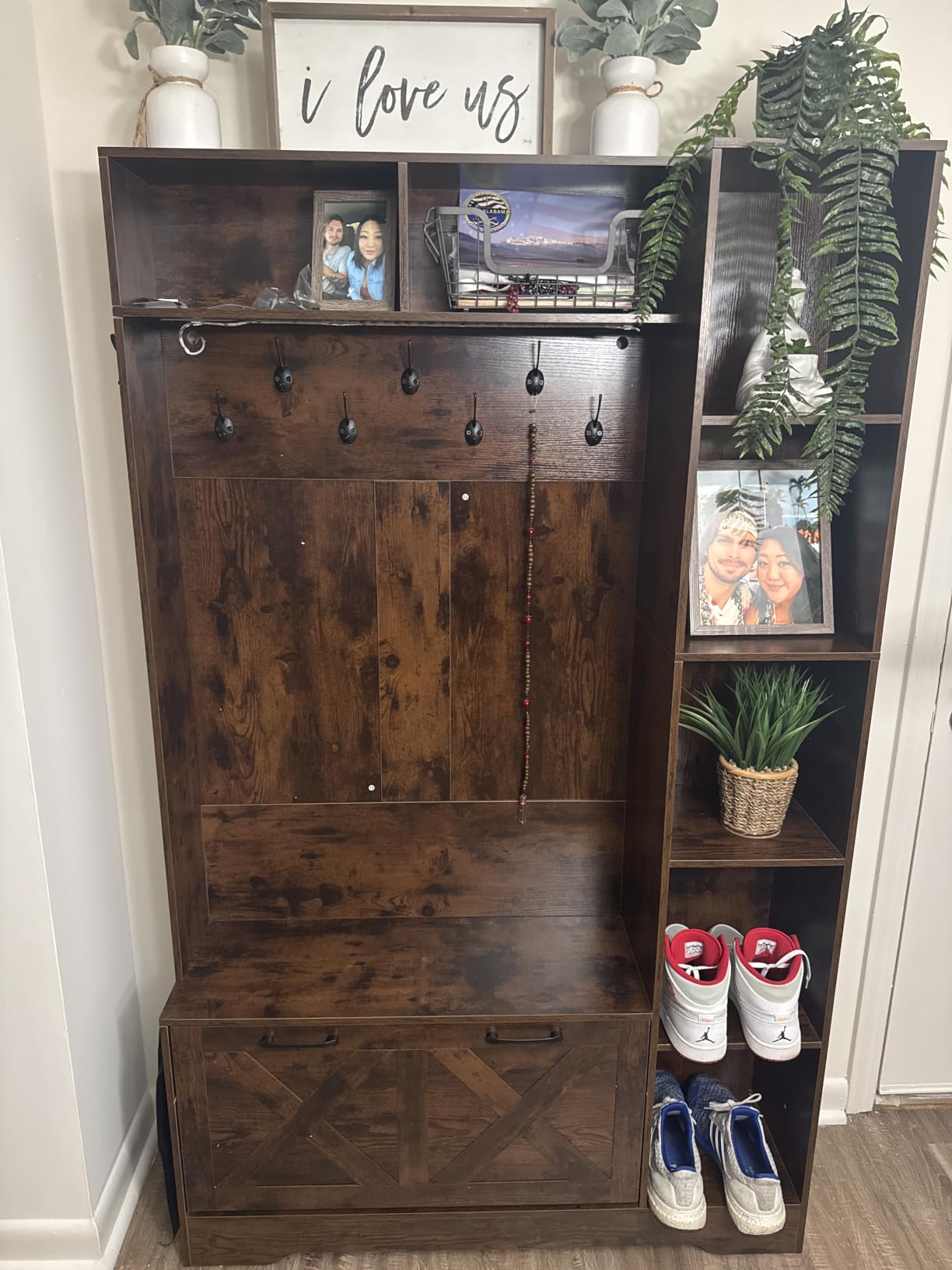 Itaar Hall Tree with Bench and Shoe Storage, Farmhouse Entryway Bench with Coat Rack, Shoe Cabinet with Flip Drawers, 7 Shelves, 10 Coat Hooks, Storage Bag, Led Lights, Black customer photo 1