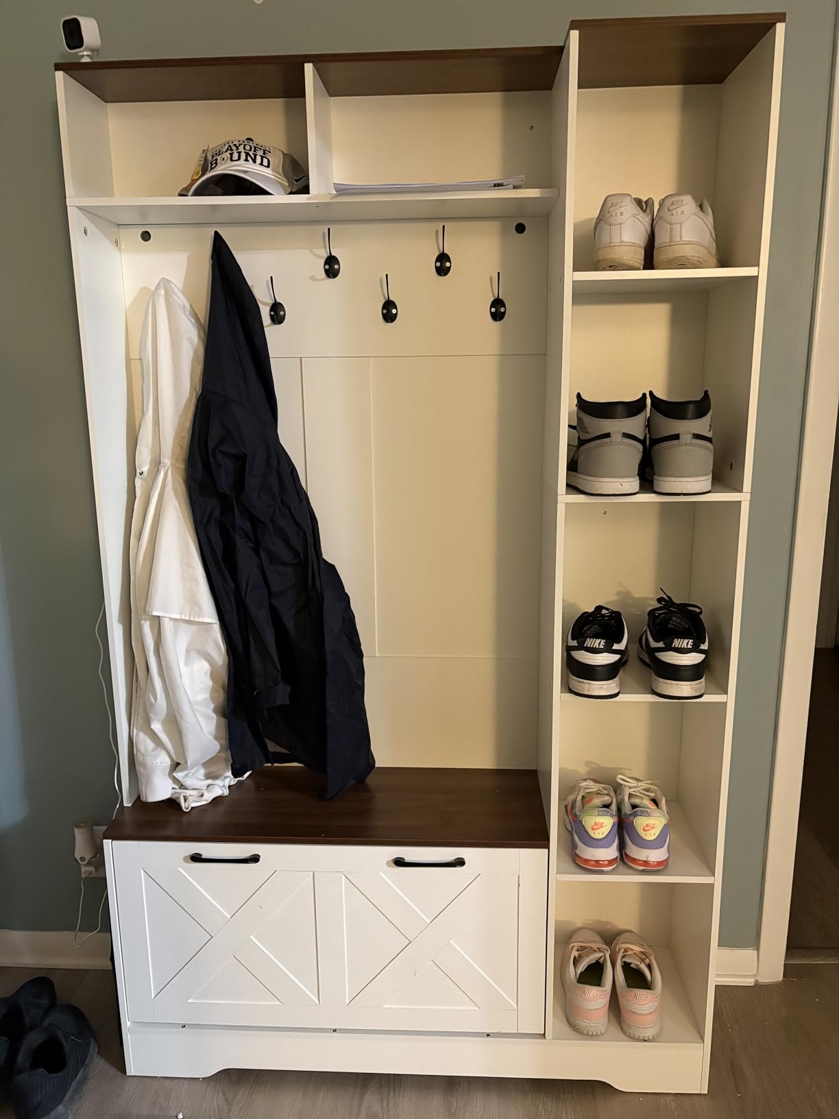 Itaar Hall Tree with Bench and Shoe Storage, Farmhouse Entryway Bench with Coat Rack, Shoe Cabinet with Flip Drawers, 7 Shelves, 10 Coat Hooks, Storage Bag, Led Lights, Black customer photo 2