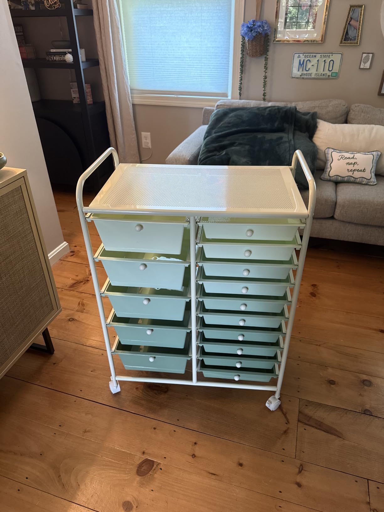 COSTWAY 15 Drawer Rolling Storage Cart, Mobile Storage Organizer, Removable Drawers & Metal Frame, Multipurpose Utility Tools Paper Organizer on Wheels for Home, Office (Green Gradient) customer photo 2