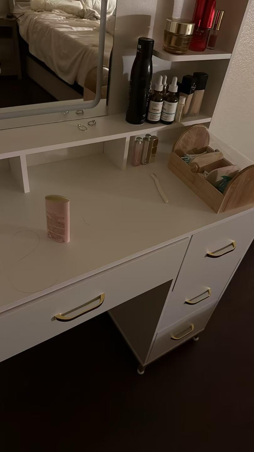 COMHOMA Vanity Desk with Mirror and Lights, Makeup Vanity Table with 4 Drawers & Storage Shelves, Large HD Mirror, 3 Color Modes & Adjustable Brightness, Modern Dressing Table for Bedroom, Pearl White customer photo 2