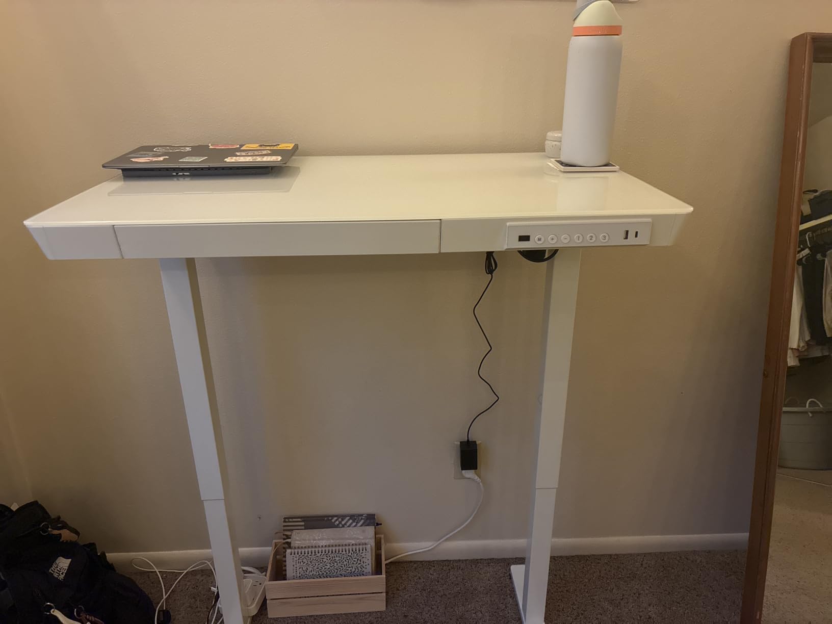 HUANUO Glass Standing Desk with Drawers, 48 X 24 Inch Electric Adjustable Height Desk, Quick Install One-Piece Tabletop with USB Charging Ports, White customer photo 1