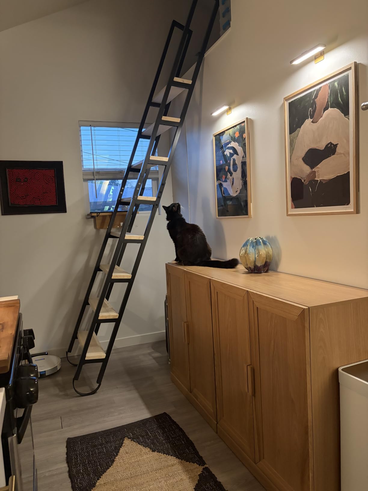 9.35FT Industrial Style Loft Ladder, 7 Steps with Black Steel Handrails & Solid Wood Steps, 450lbs Capacity, Fits 7.2-8FT Installation Height, for Attic, Kitchen, Warehouse, Bookshelf& Outdoor customer photo 2