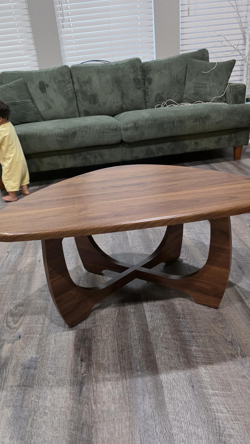Mid Century Modern Coffee Table, Small Wood Triangle Top, Walnut | 35.8